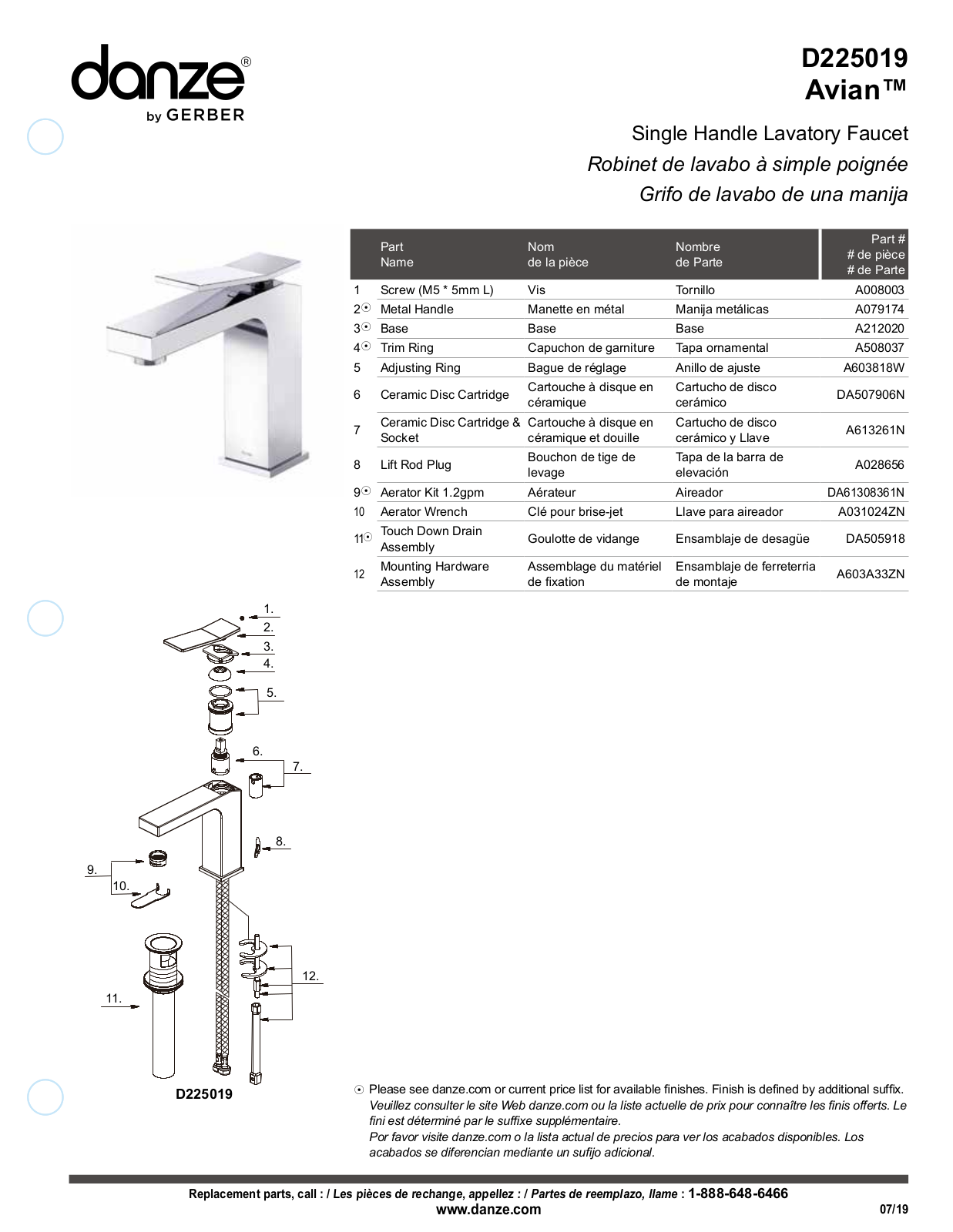 Danze D225019BN Parts List