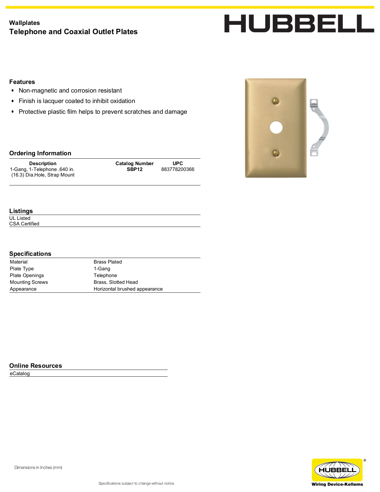 Hubbell SBP12 Specifications