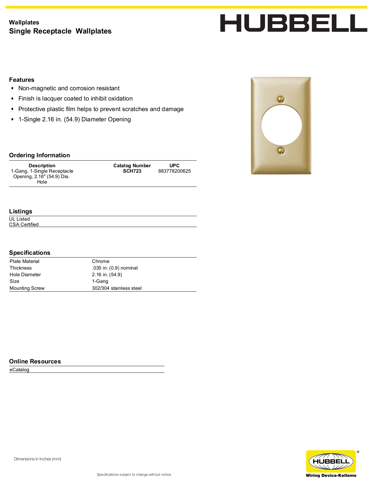 Hubbell SCH723 Specifications