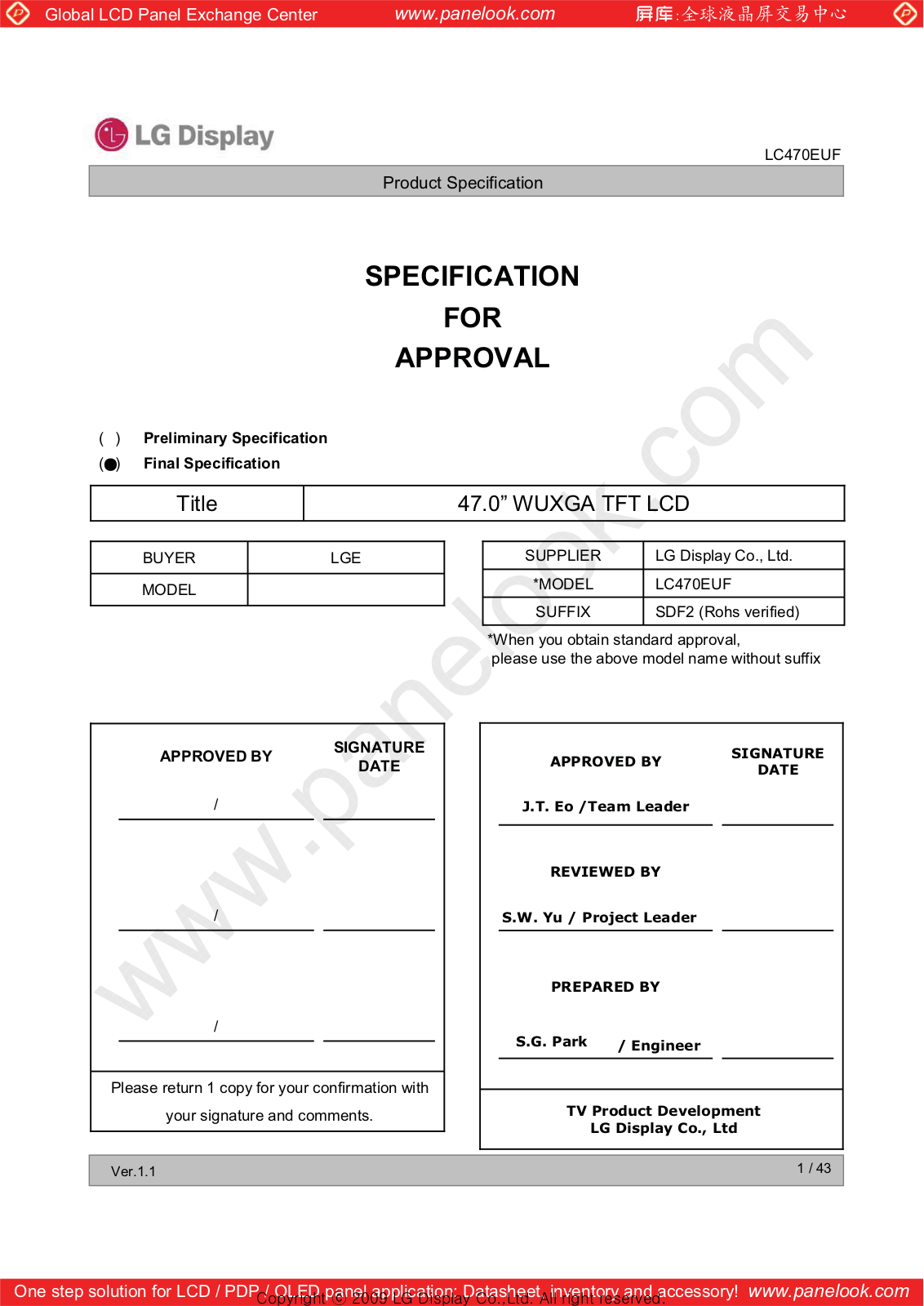 LG Display LC470EUF-SDF2 Specification