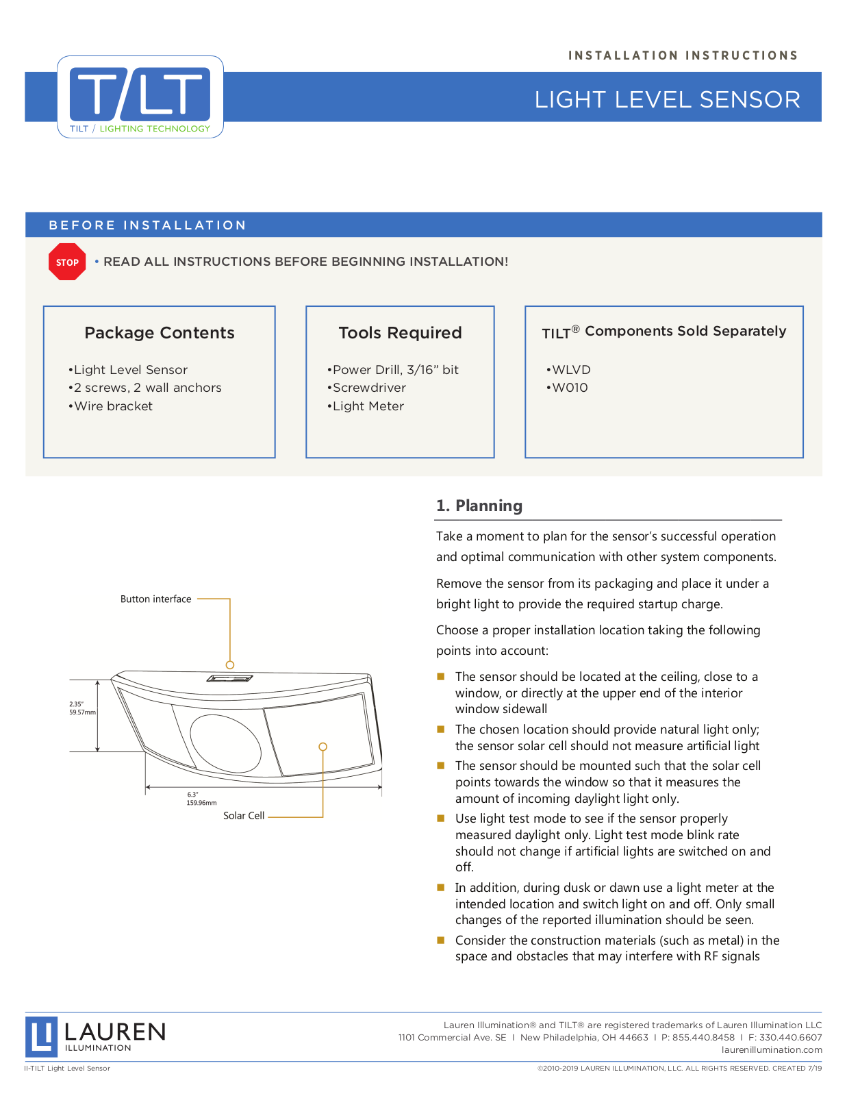 Lauren Illumination TILT Light Level Sensor Installation Instructions Manual