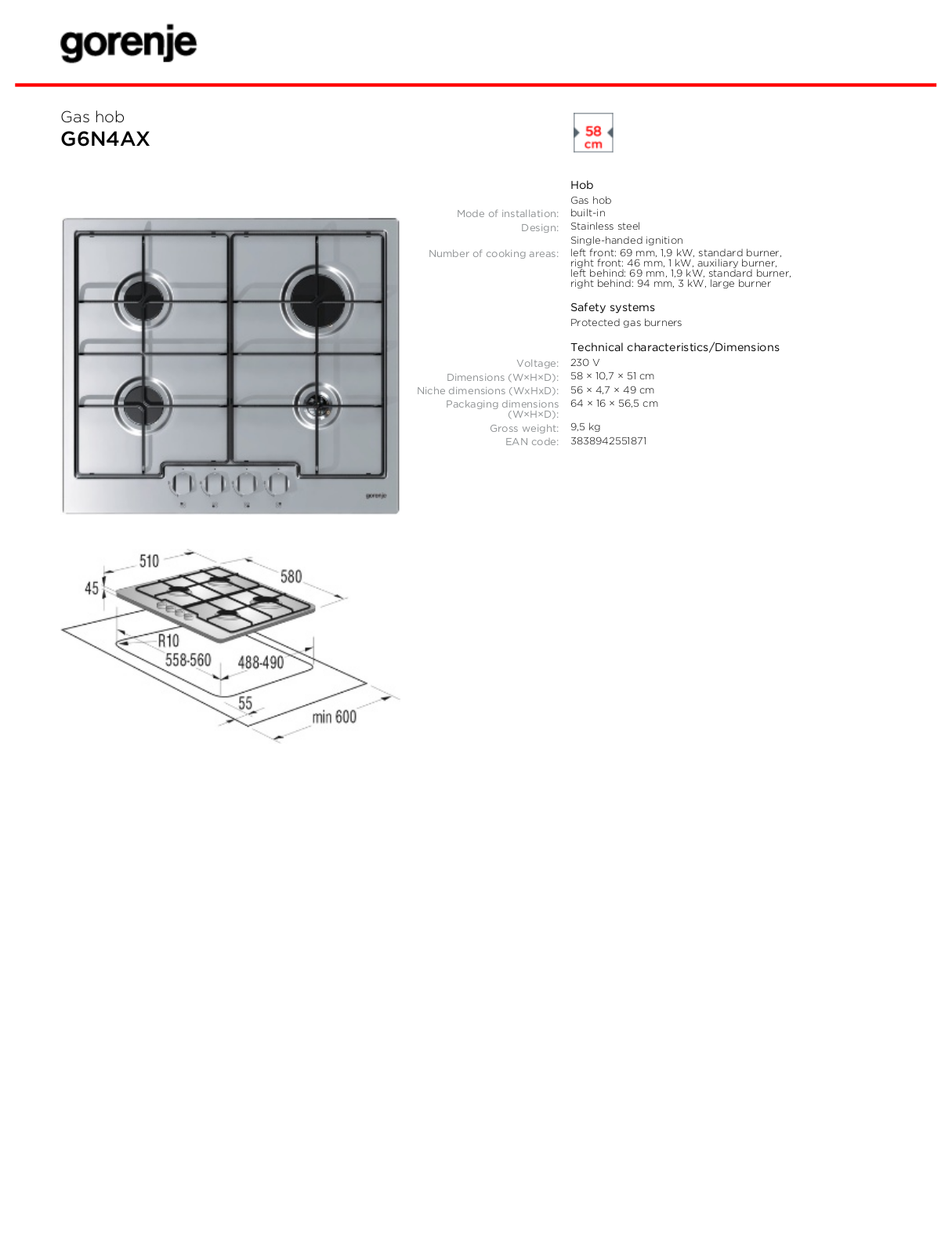 Gorenje G6N4AX DATASHEET