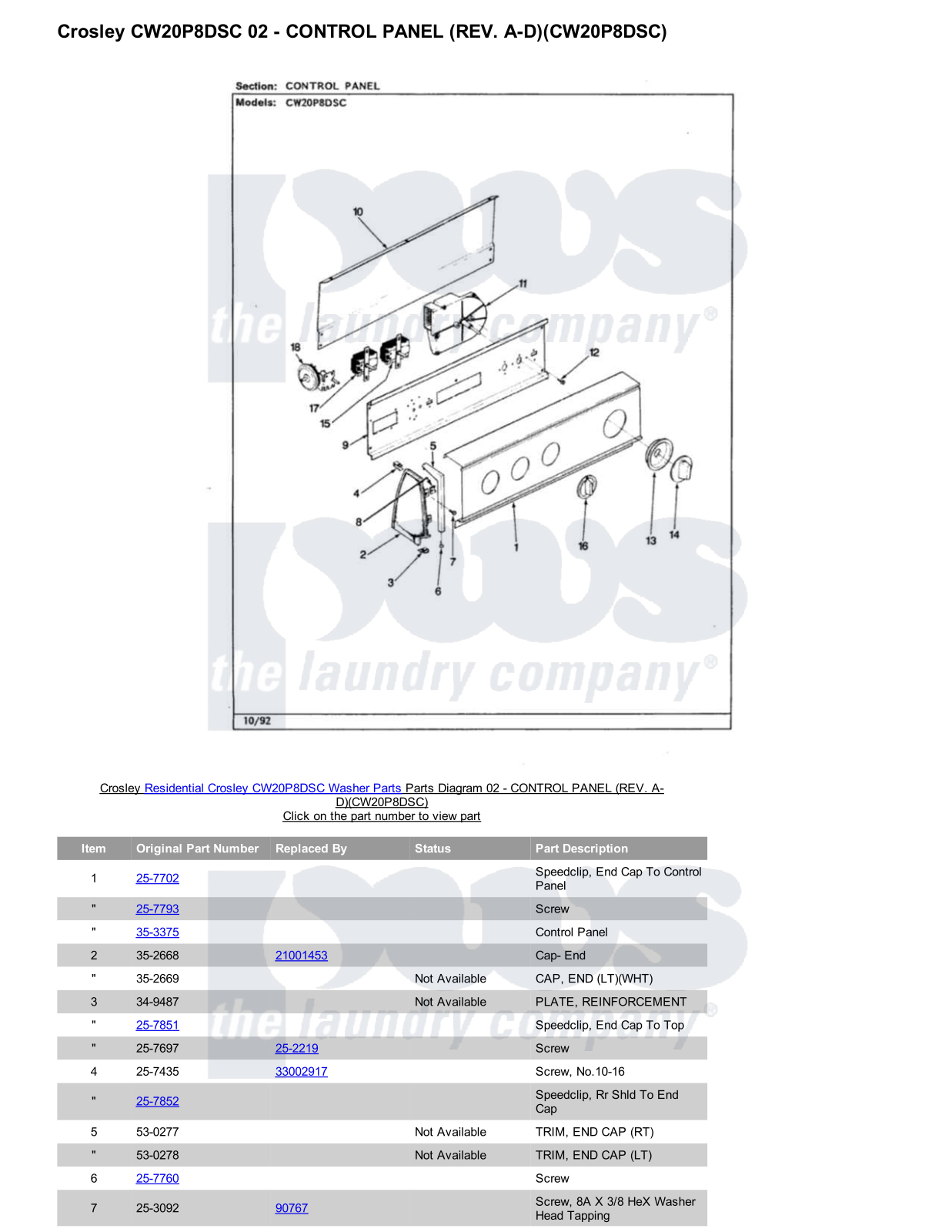 Crosley CW20P8DSC Parts Diagram