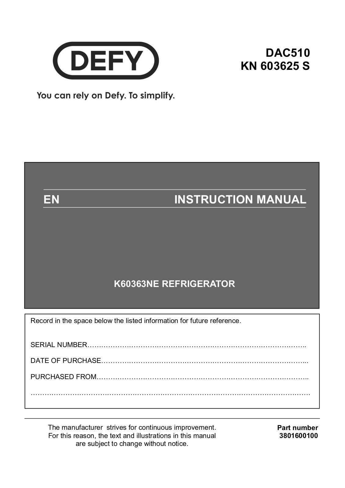 Defy K60363NE User Manual