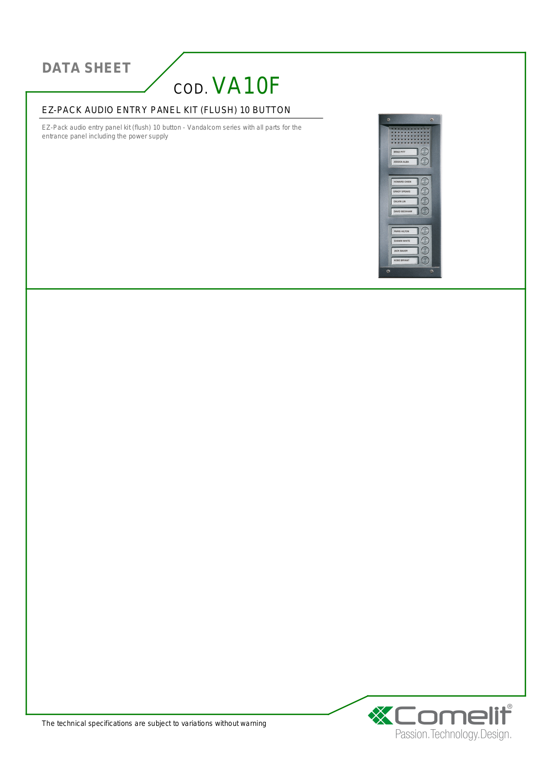 Comelit VA10F Specsheet