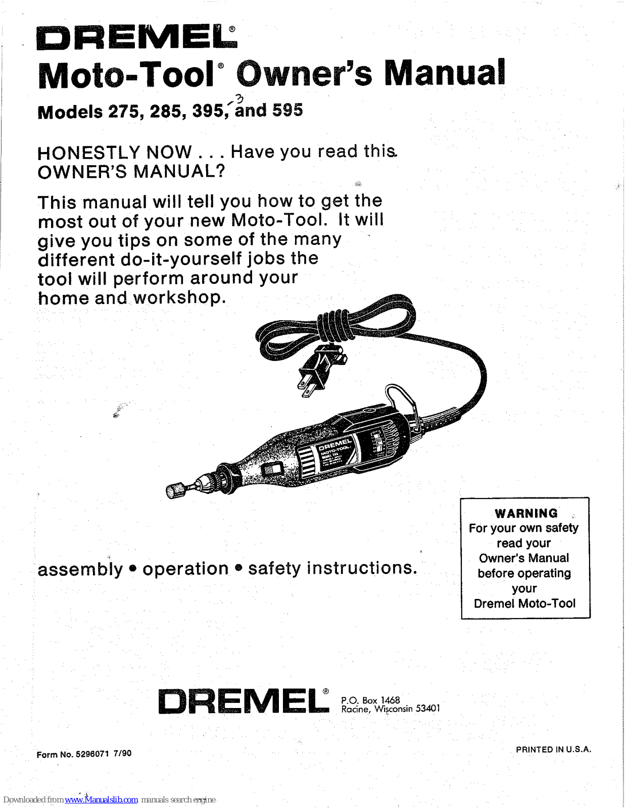 Dremel Moto-Tool 275, Moto-Tool 285, Moto-Tool 395, Moto-Tool 595 Owner's Manual