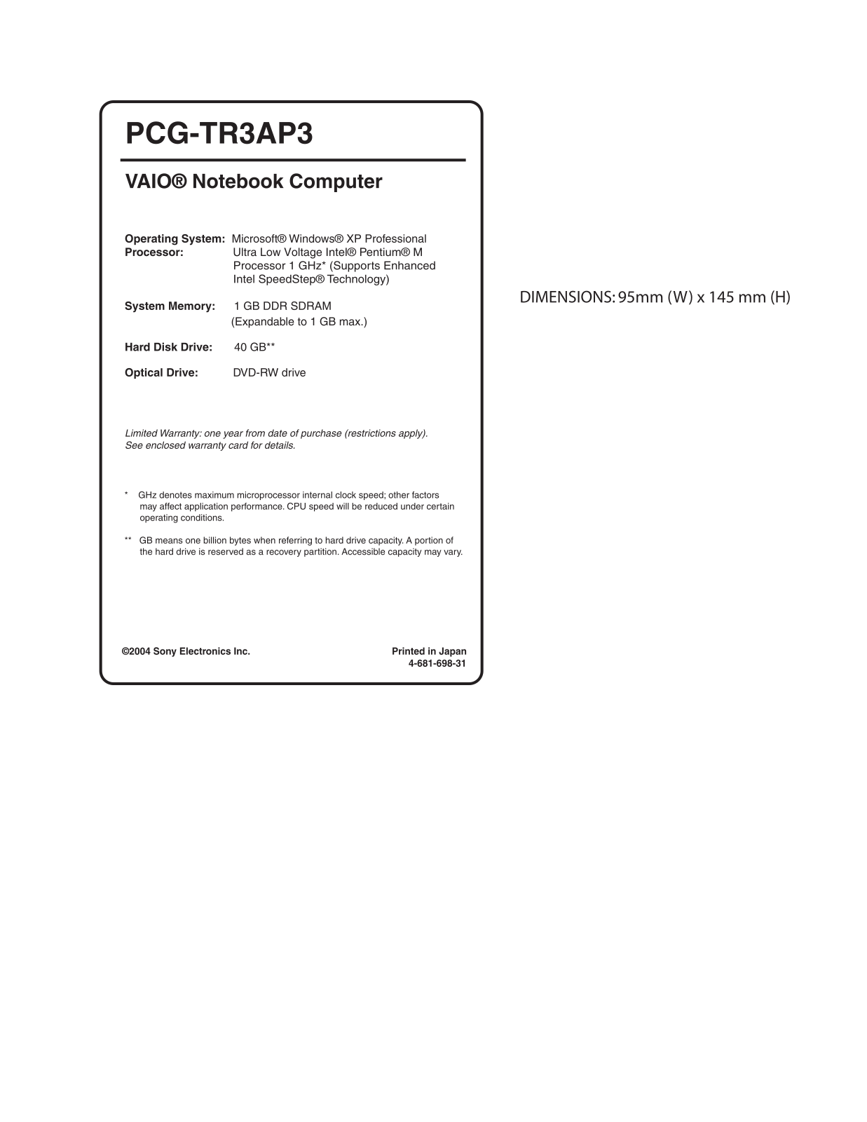 Sony PCG-TR3A Spec Label