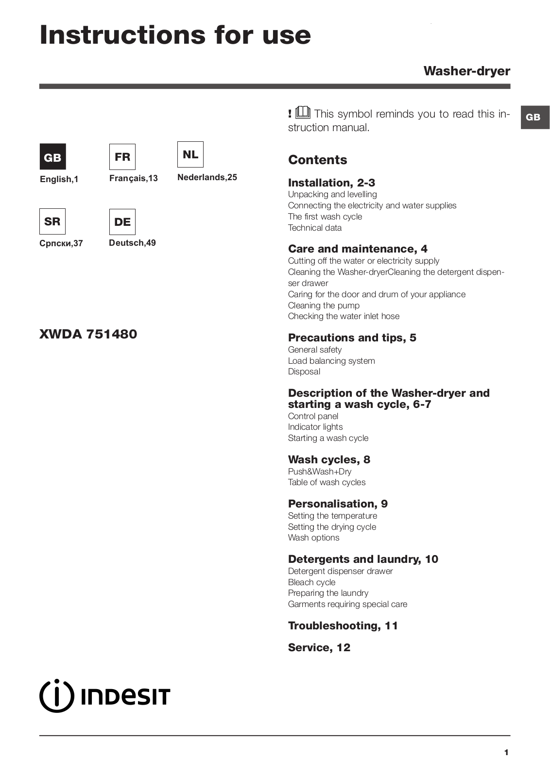 INDESIT XWDA 751480X WWWG EU User Manual