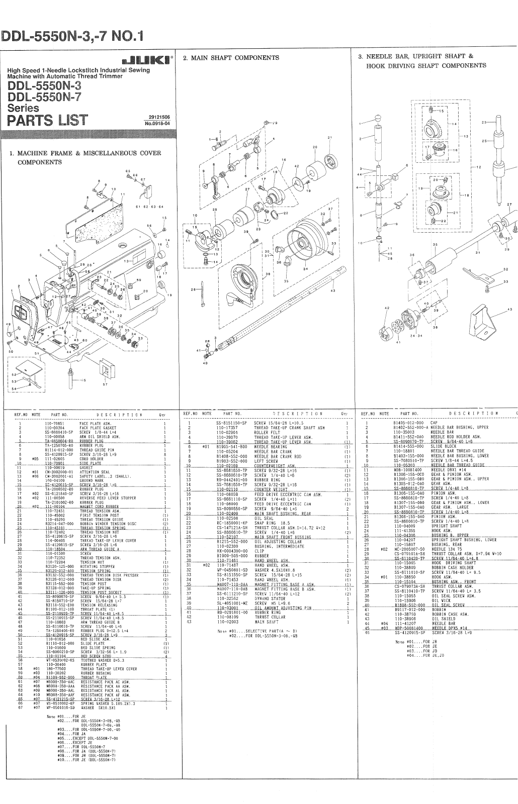 Juki DDL-557ON, DDL-558ON Parts List