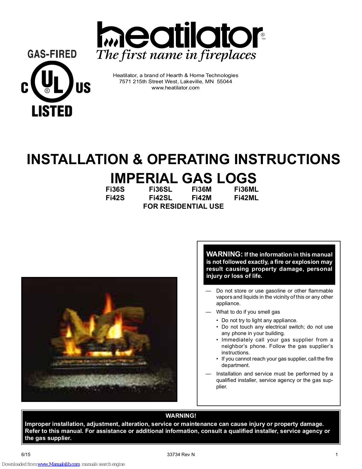 Heatilator Fi36M, Fi36ML, Fi42S, Fi36SL, Fi42SL Installation & Operating Instructions Manual