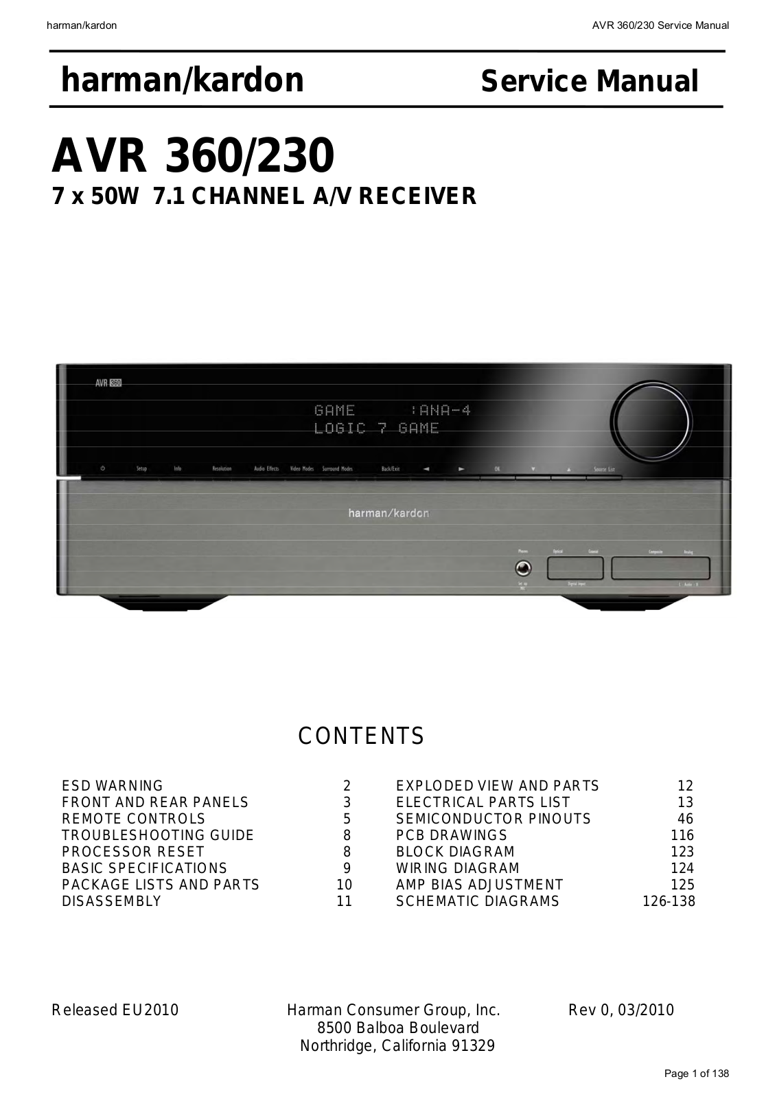 Harman Kardon AVR-360-230 Service Manual