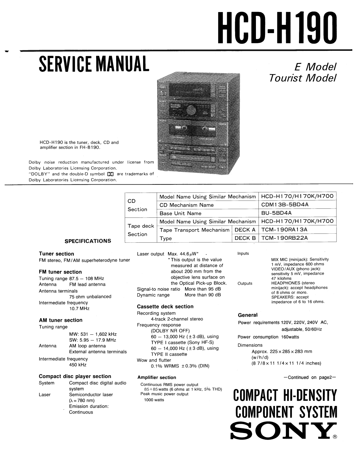 Sony HCD H190 Service Manual