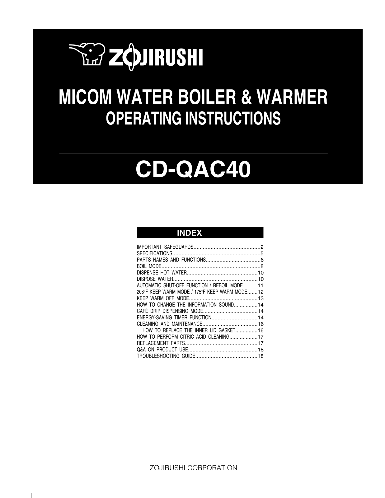 Zojirushi CD-QAC40 Owner's Manual