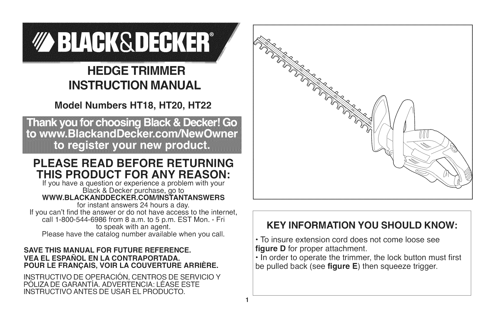 Black & Decker HT22 TYPE 1, HT20 TYPE 2, HT20 TYPE 1, HT18 TYPE 1 Owner’s Manual