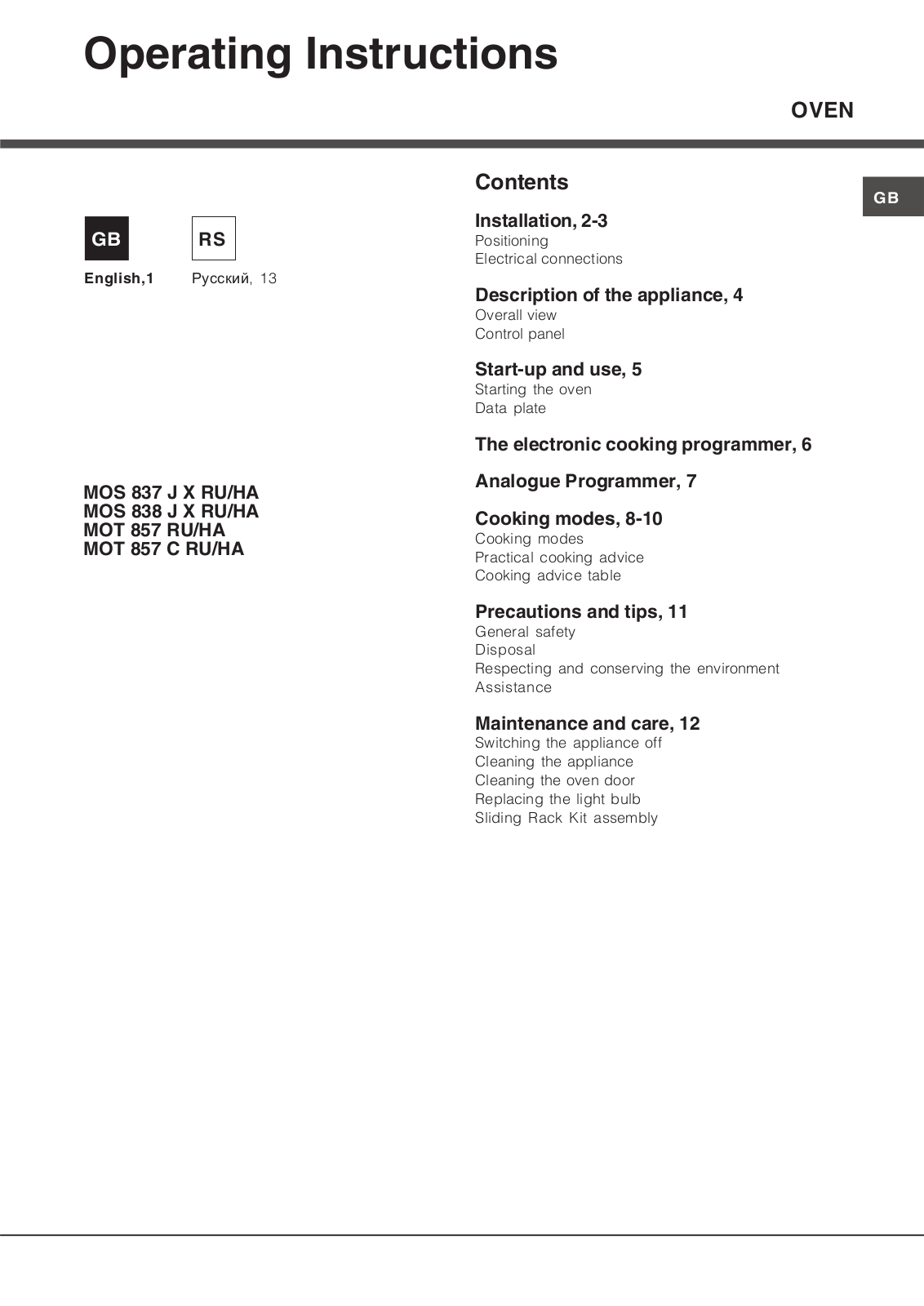 Hotpoint OT 857 A RFH, ON 838 I RFH, OT 857 O RFH, OT 857 CA RFH, OT 857 CO RFH User Manual