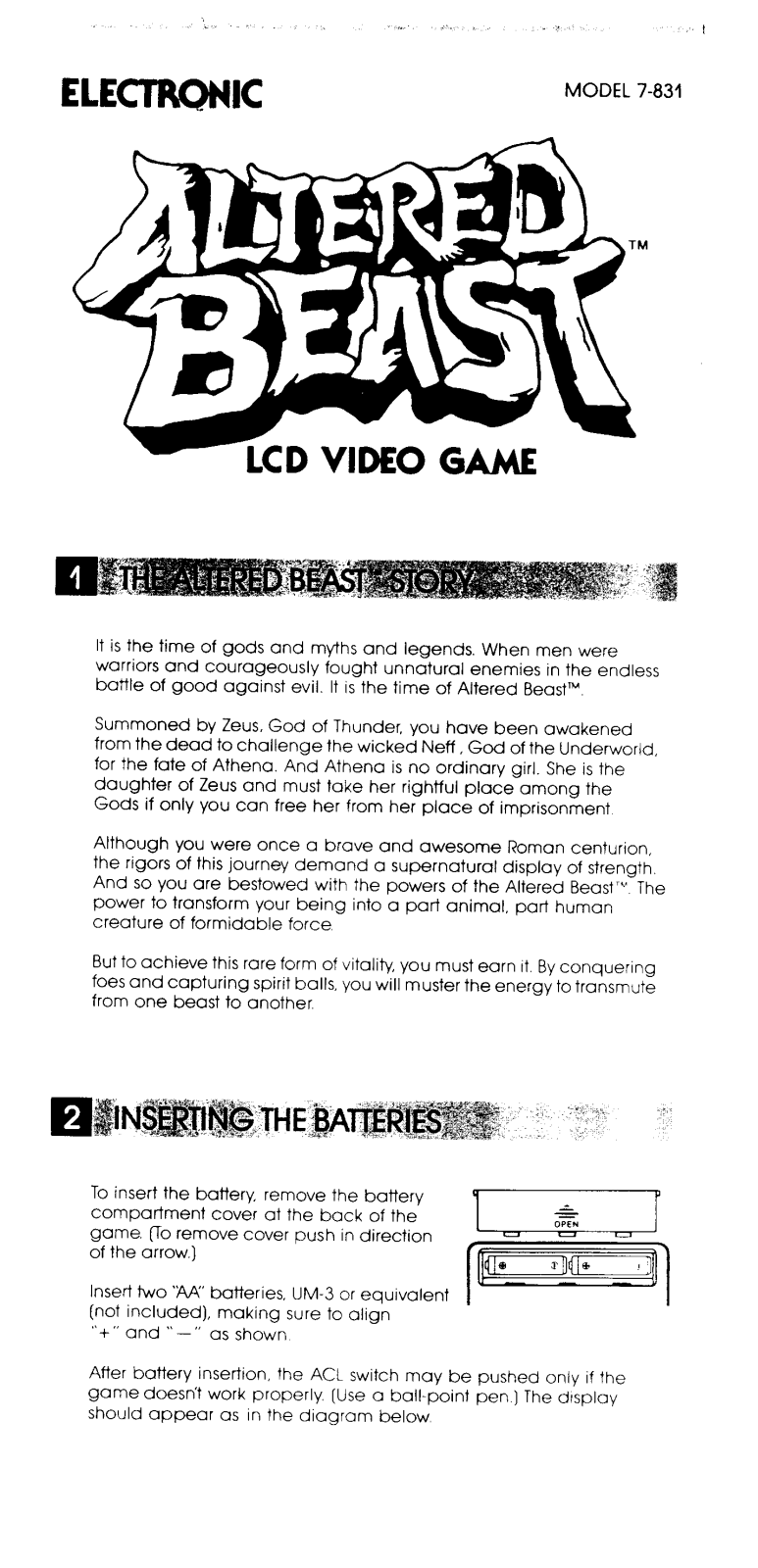 HASBRO Altered Beast LCD Video Game User Manual