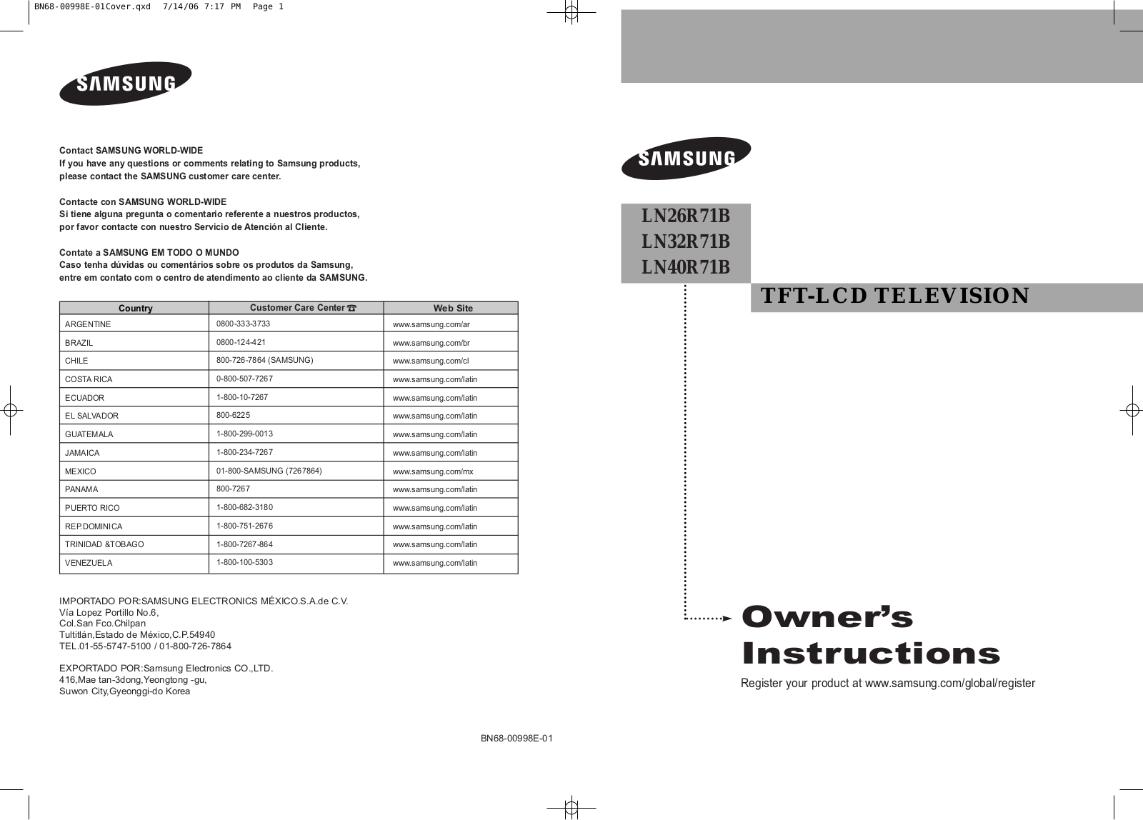 Samsung LN26R71B User Manual