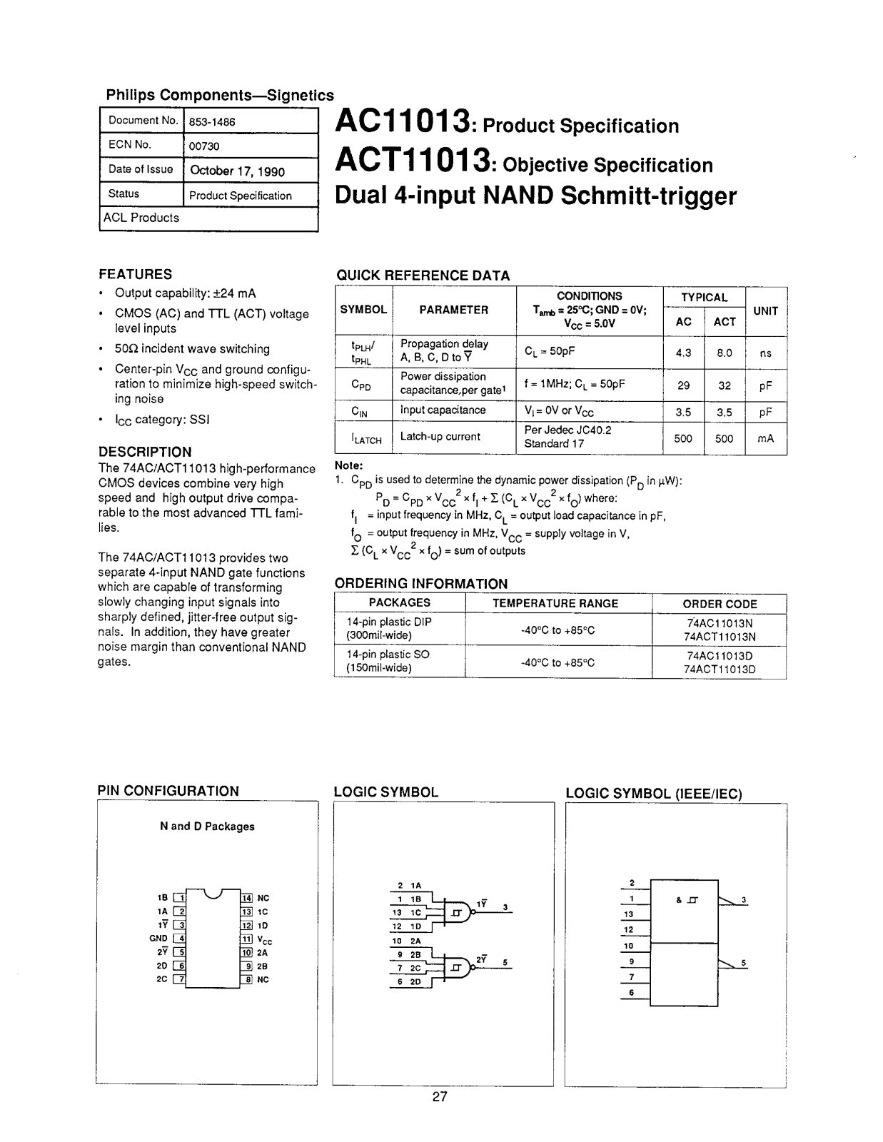 Philips 74ACT11013N, 74AC11013N, 74AC11013D Datasheet