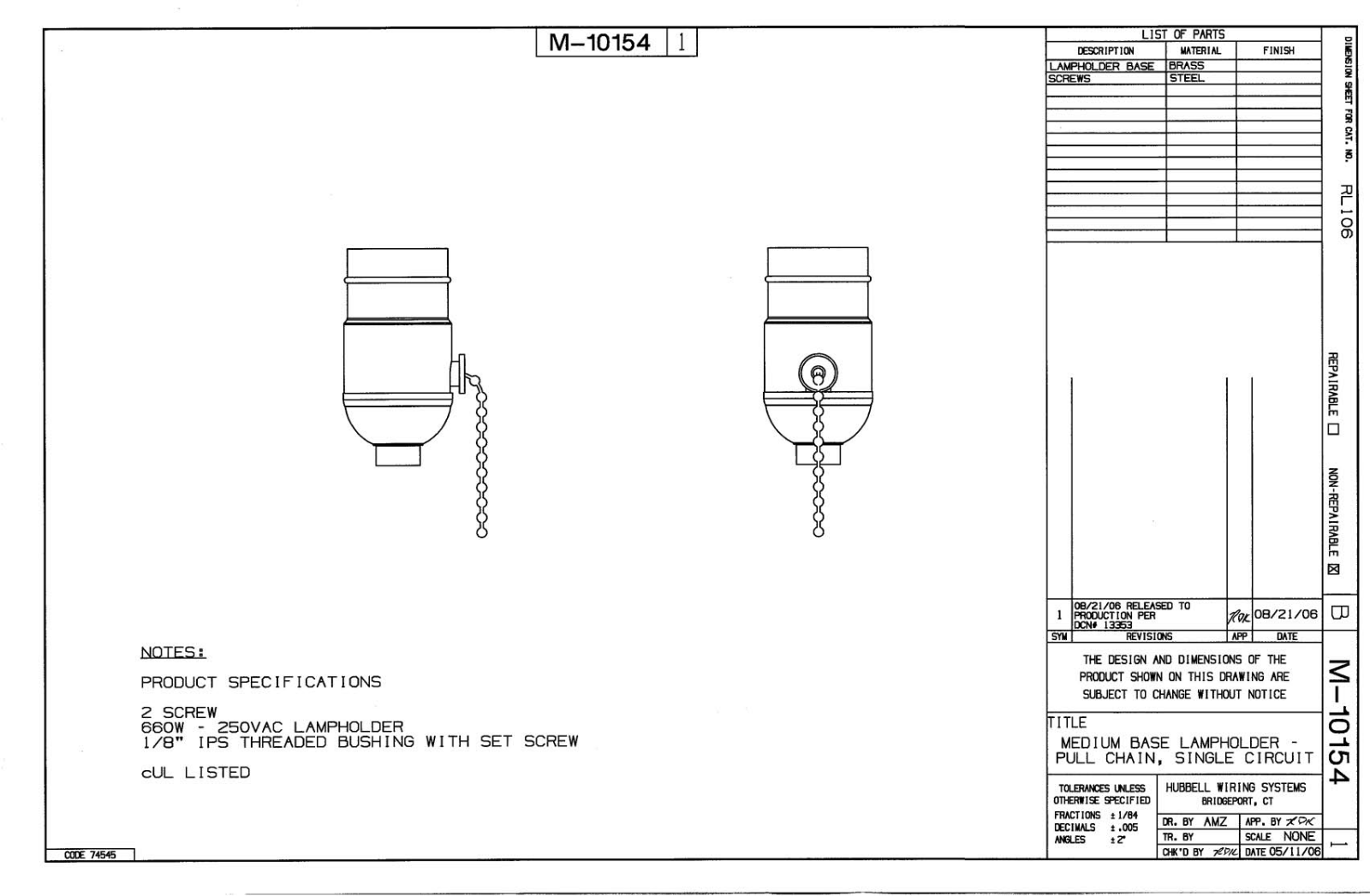 Hubbell RL106 Reference Drawing