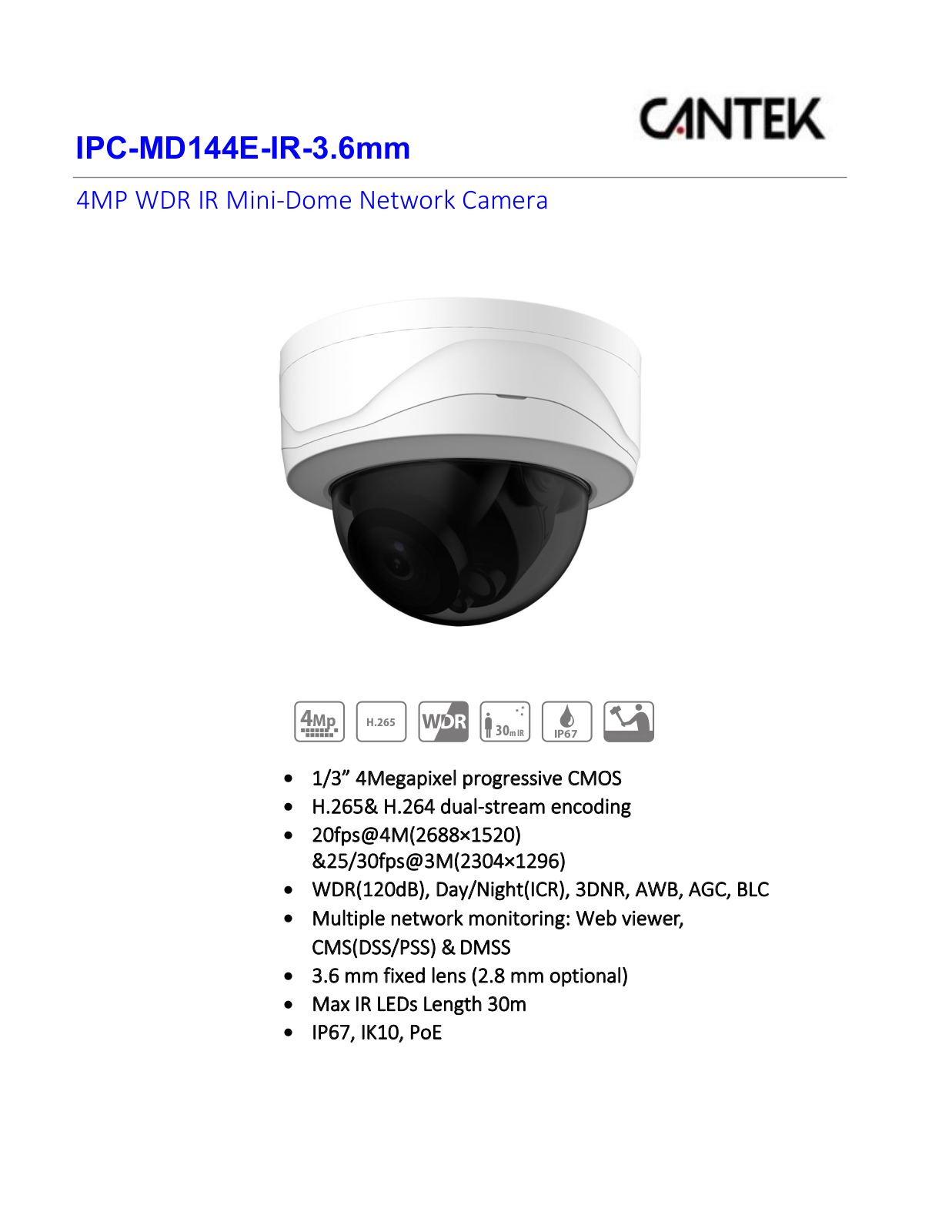 Cantek CT-IPC-MD144E-IR-3.6mm Specsheet