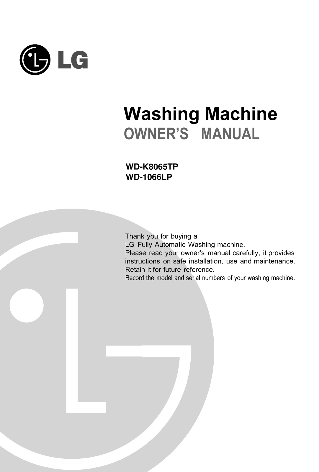 LG WD-K8065TP, WD-1066LP Owner’s Manual