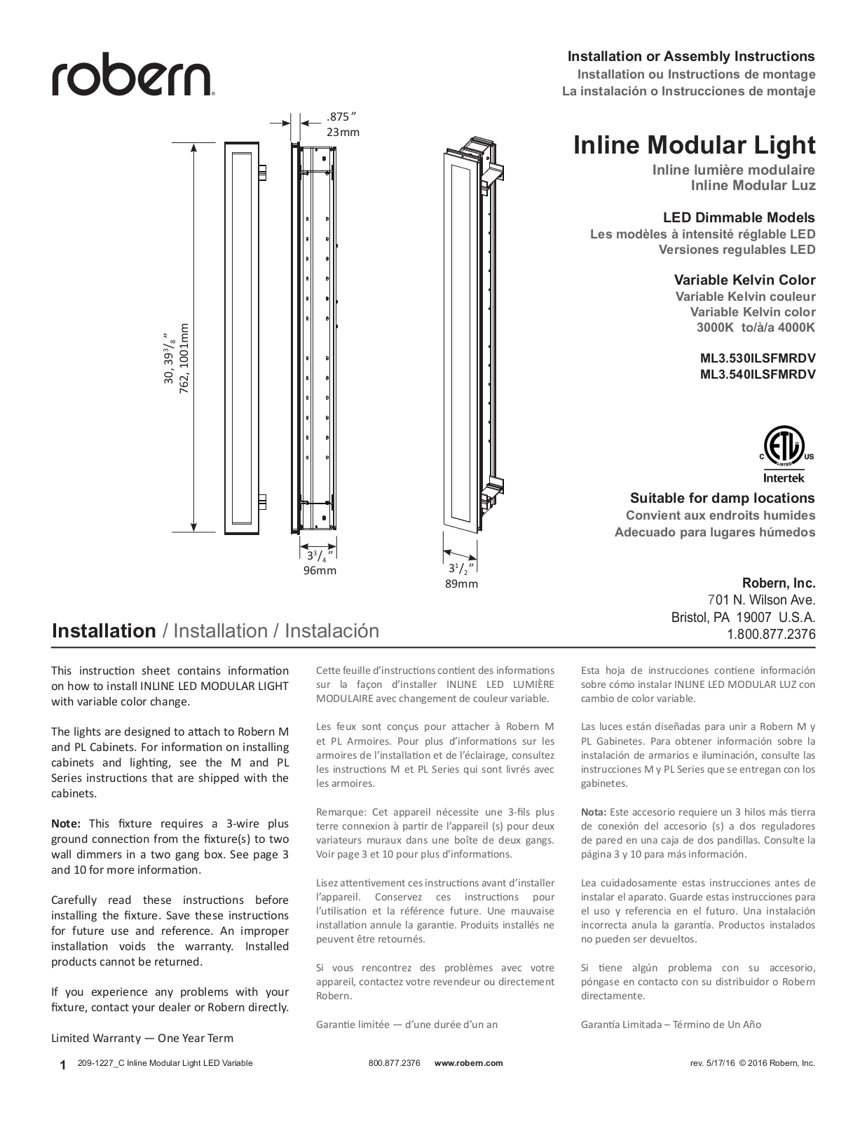 Robern ML3.540ILSFMRDV Installation Manual