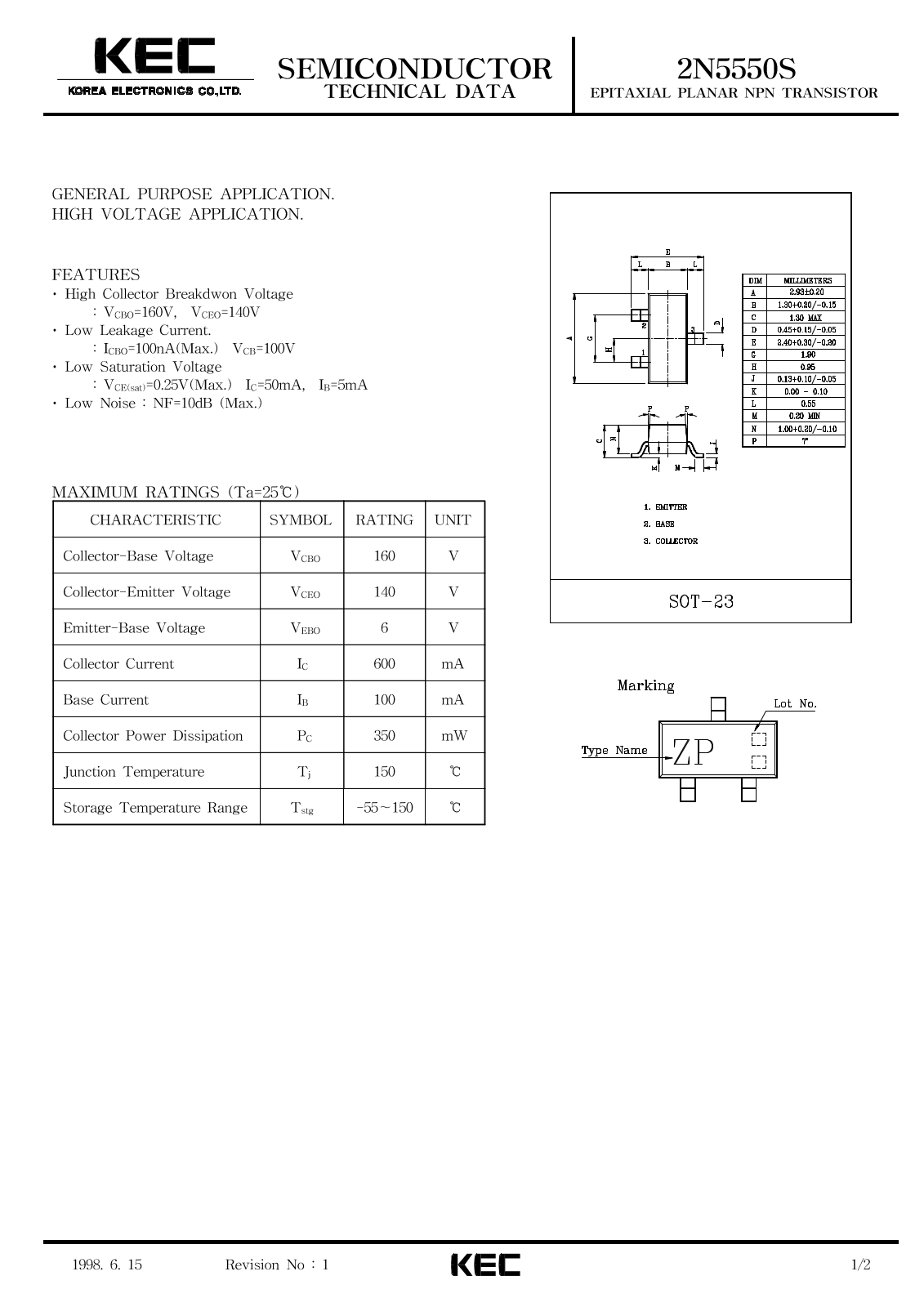 Korea Electronics Co  Ltd 2N5550S Datasheet