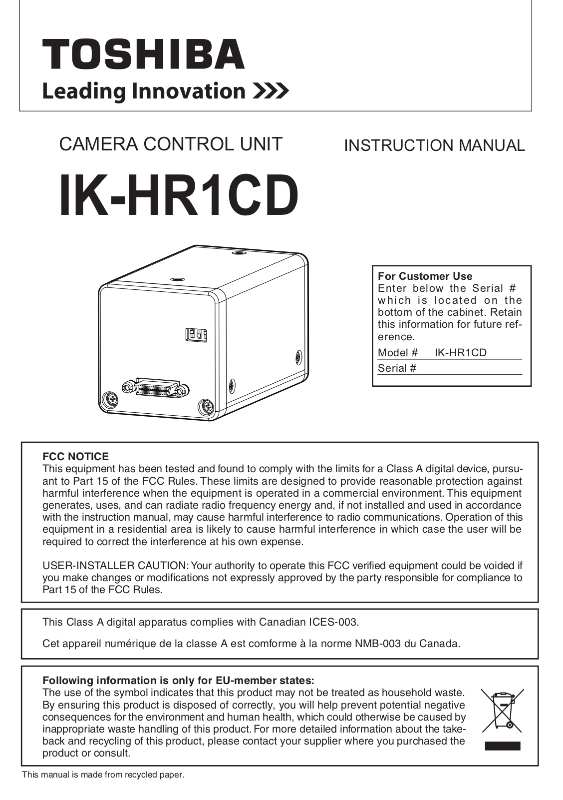 Toshiba IK-HR1CD User Manual