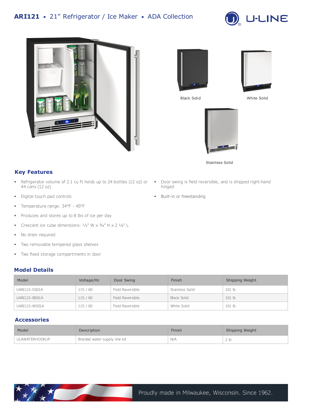 U-Line UARI121WS01A, UARI121SS01A, UARI121BS01A PRODUCT SPECIFICATIONS