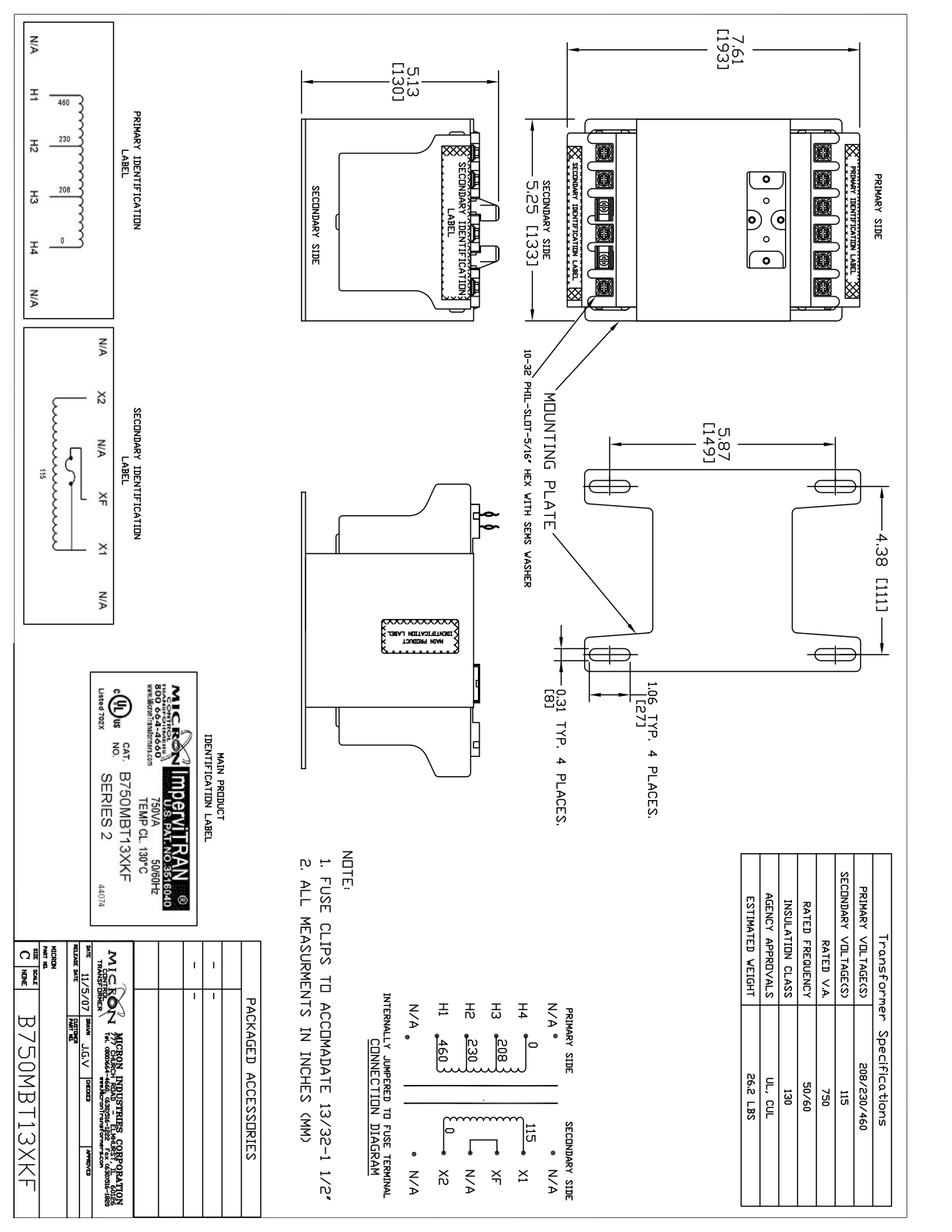 Micron Industries B750MBT13XKF Specification Sheet