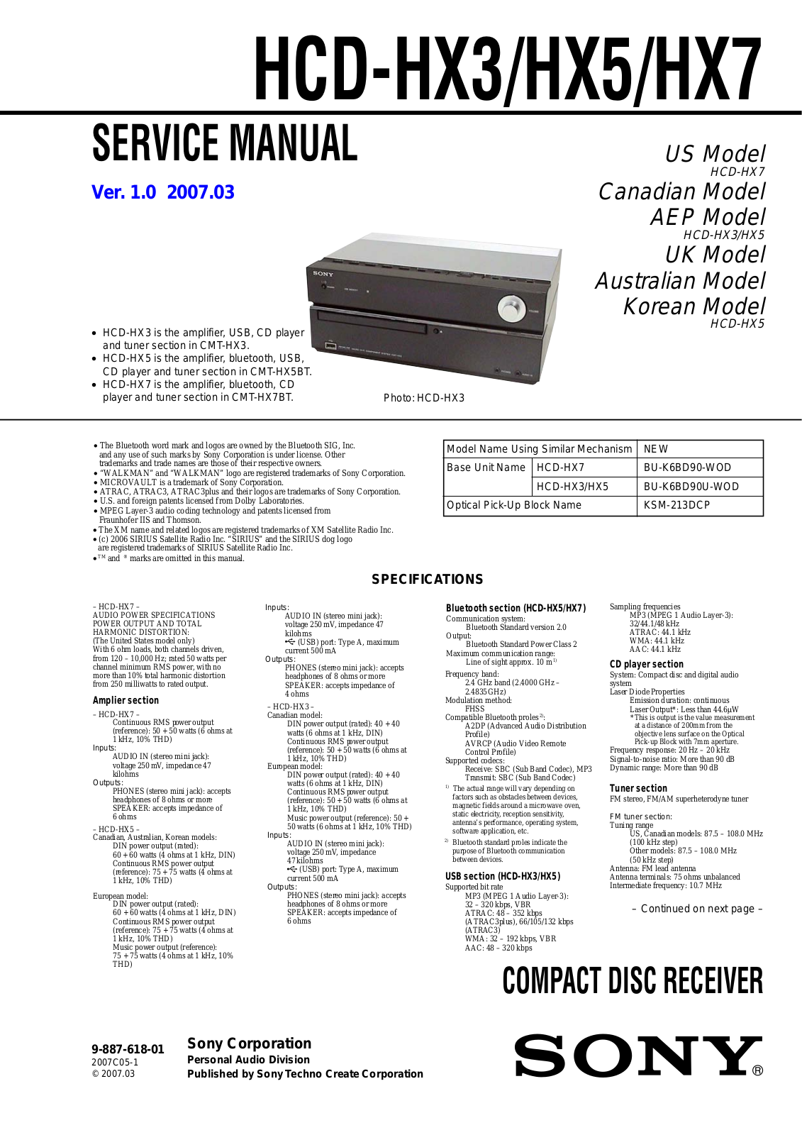 Sony HCD-HX3, HCD-HX5, HCD-HX7 Schematic