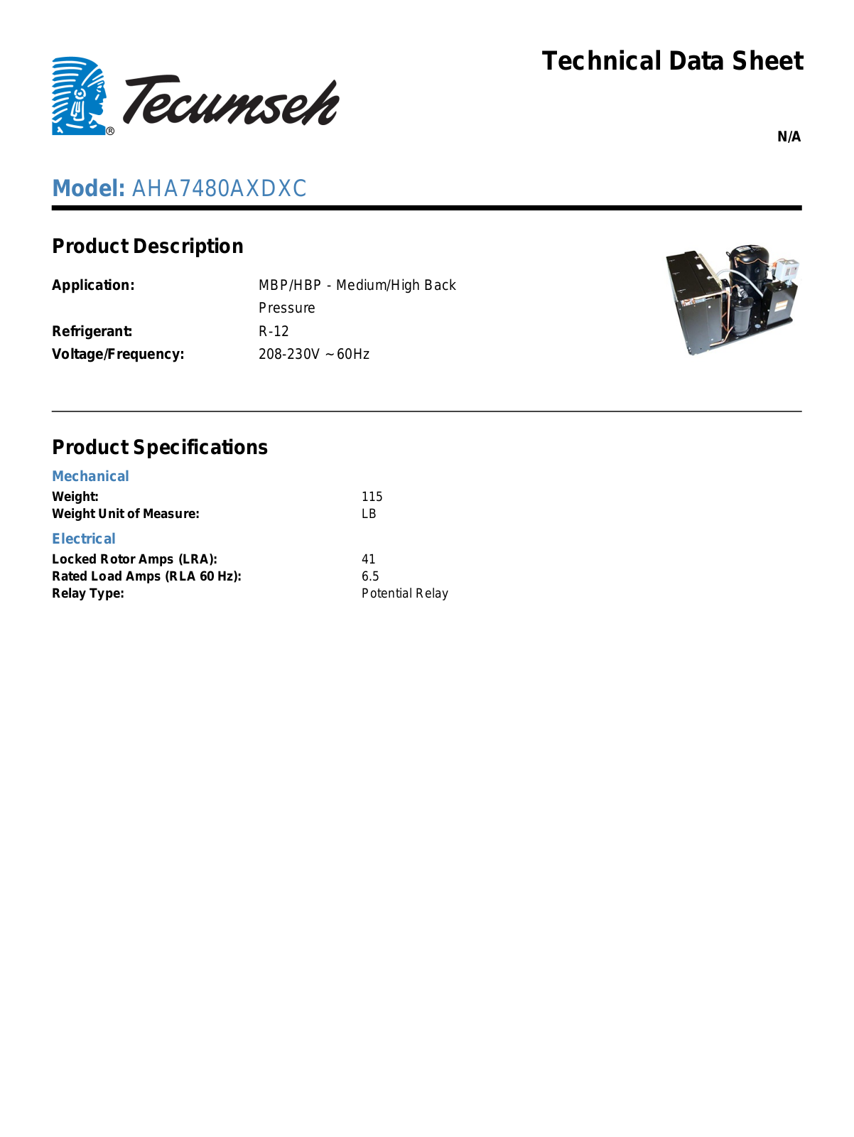 Tecumseh AHA7480AXDXC Technical Data Sheet