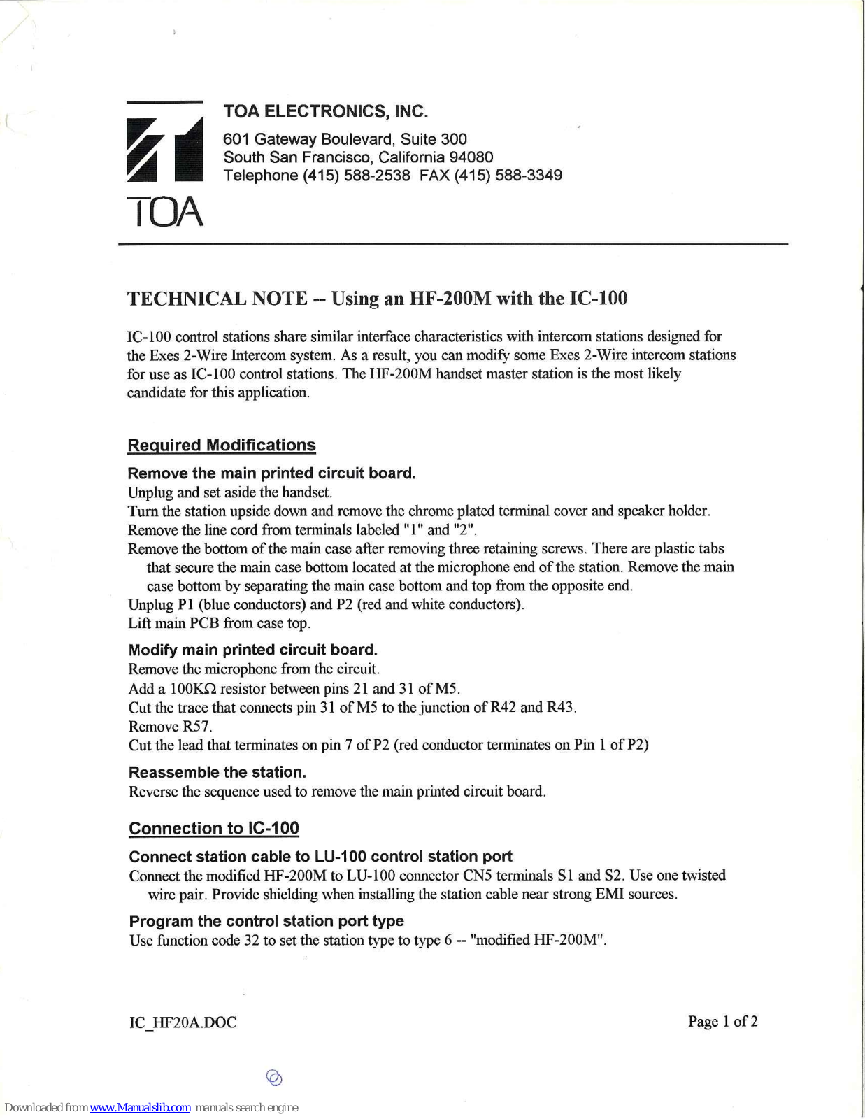 Toa HF-200M, IC-100 Supplementary Manual