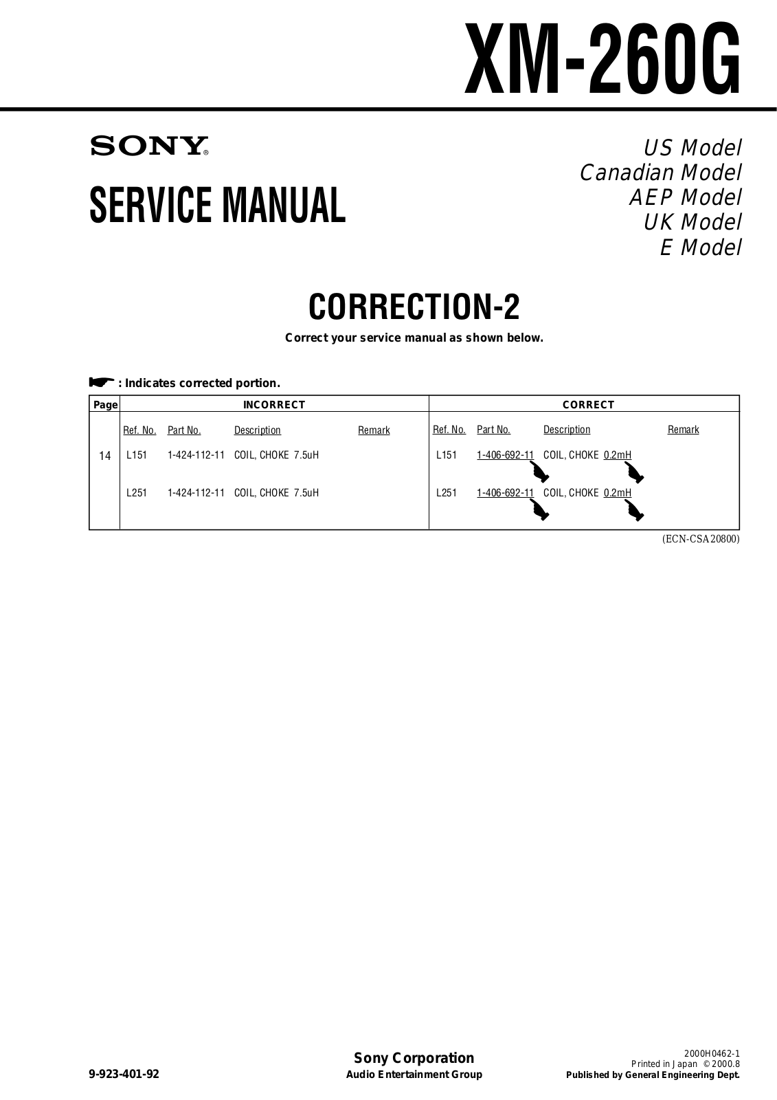 Sony XM-260G Service Manual