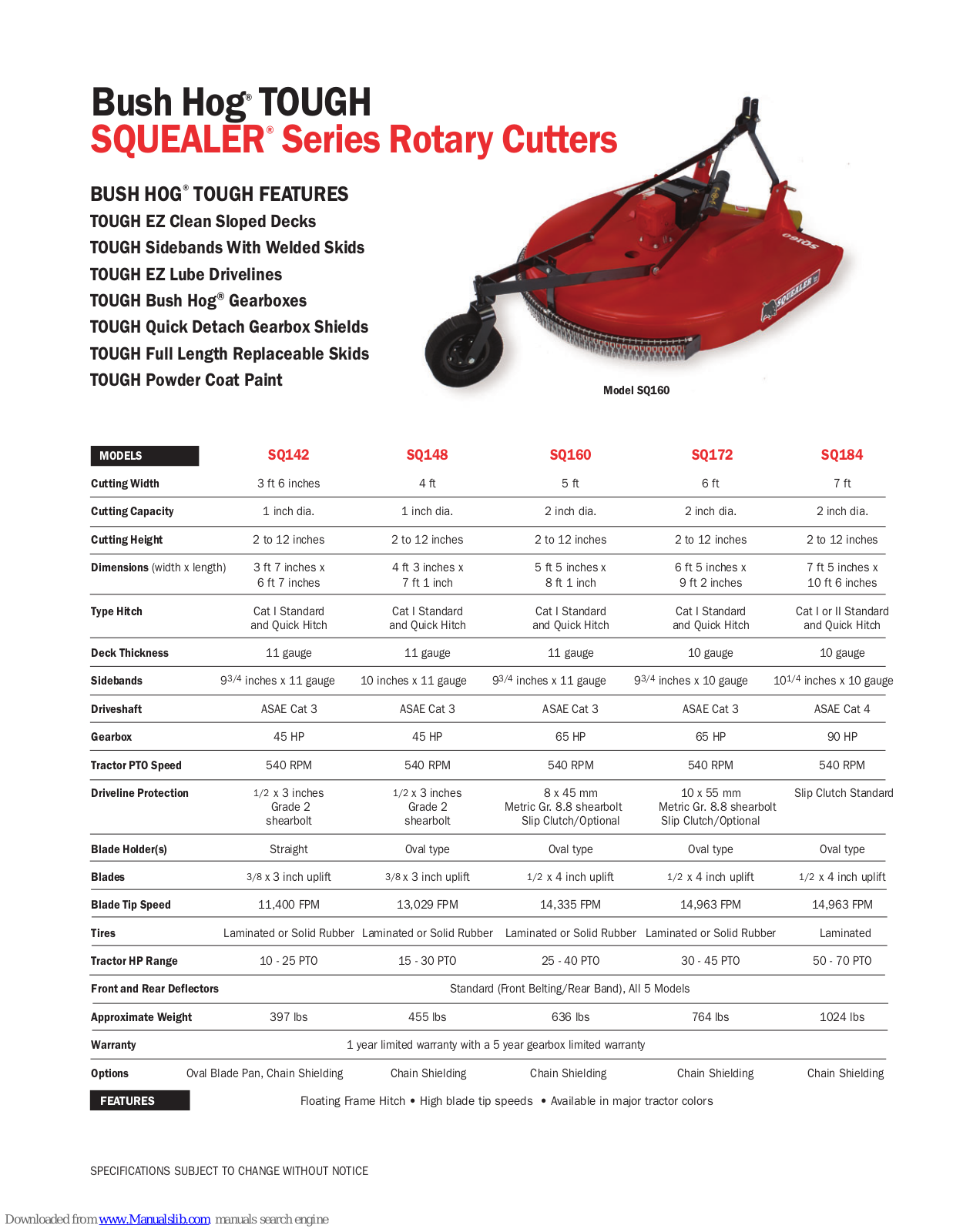 Bush Hog TOUGH Squealer SQ142, TOUGH Squealer SQ148, TOUGH Squealer SQ160, TOUGH Squealer SQ172, TOUGH Squealer SQ184 Specification Sheet