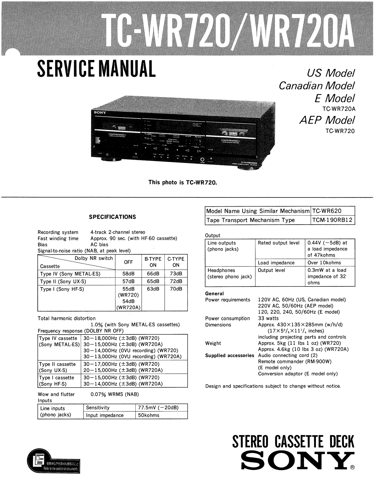 Sony TCWR-720-A Service manual