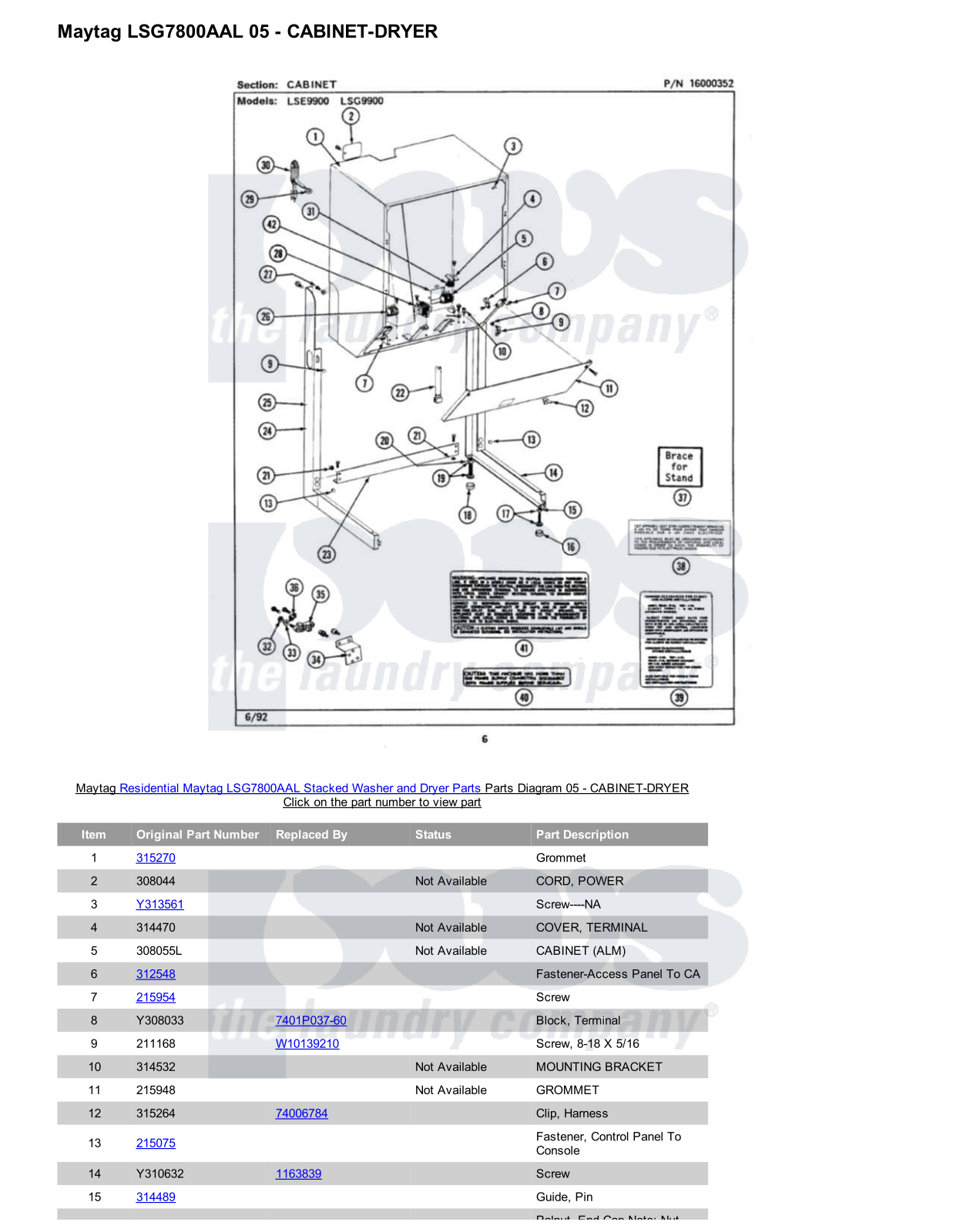 Maytag LSG7800AAL Stacked and Parts Diagram