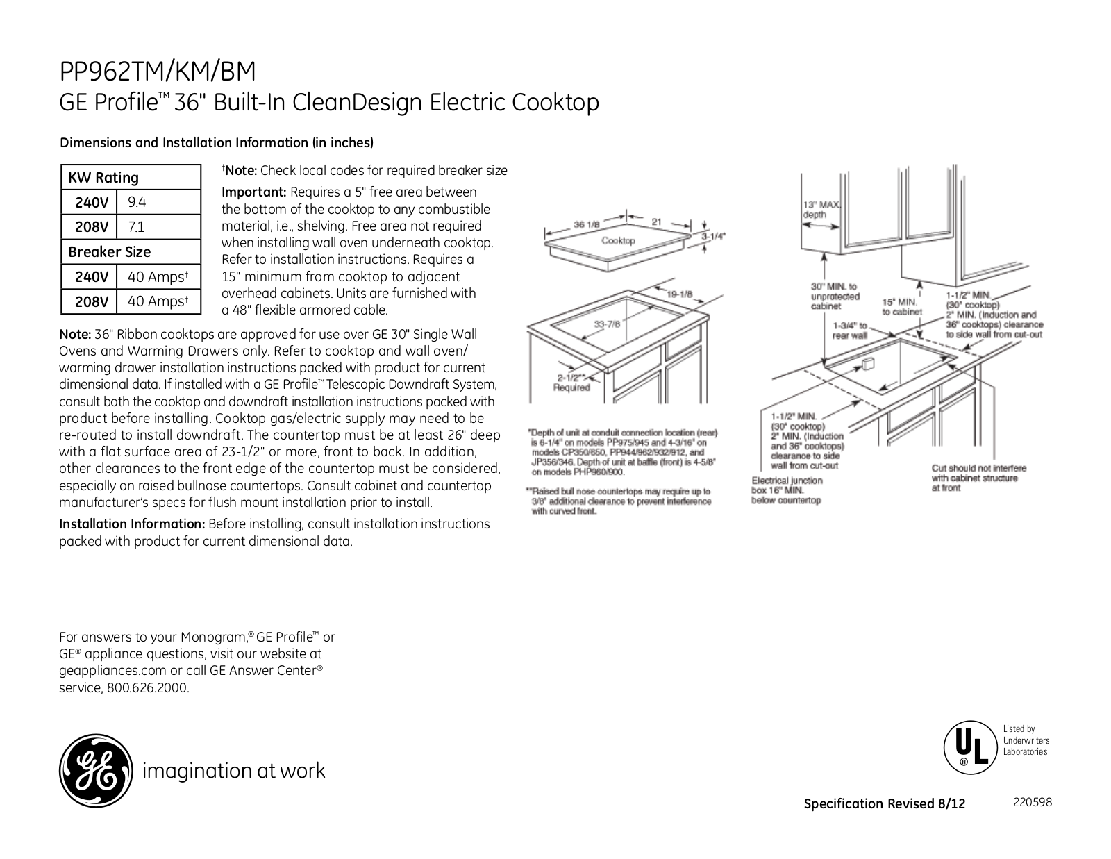 GE PP962BMBB, PP962TMWW Specification Sheet