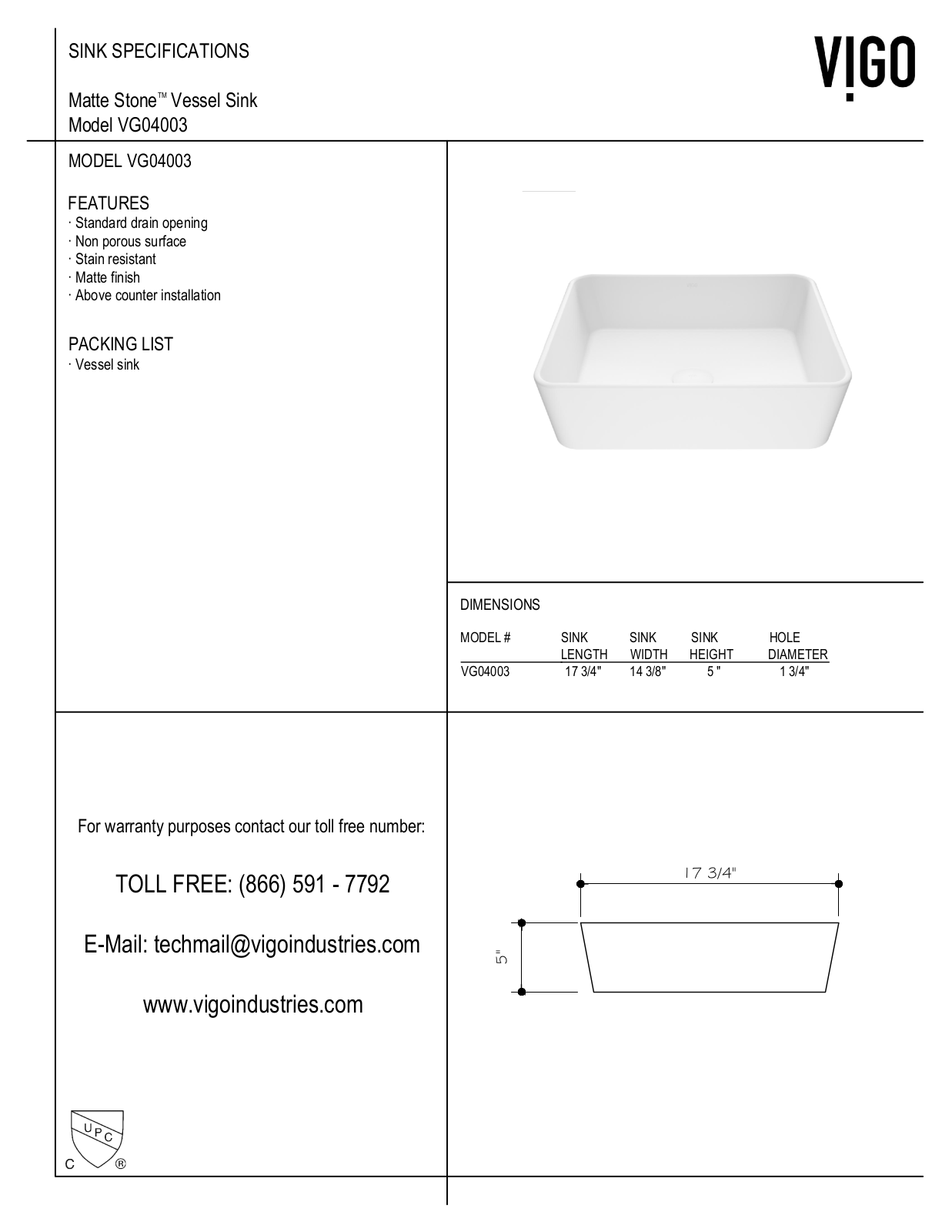 Vigo VG04003, VGT1085CH, VGT1085MW Specifications