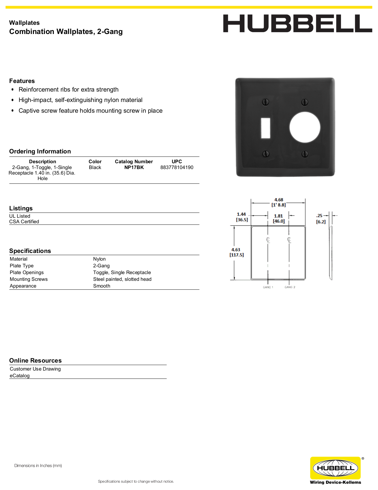 Hubbell NP17BK Specifications