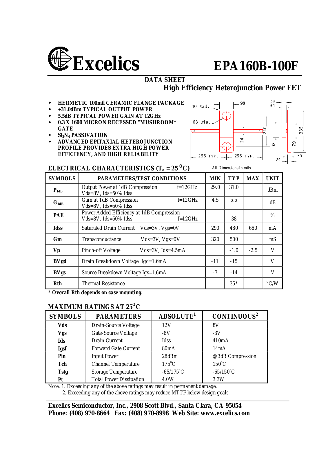 Excelics EPA160B-100F Datasheet