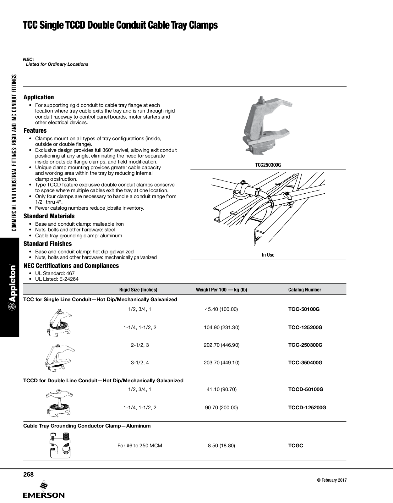 Appleton TCC Single TCCD Double Conduit Cable Tray Clamps Catalog Page