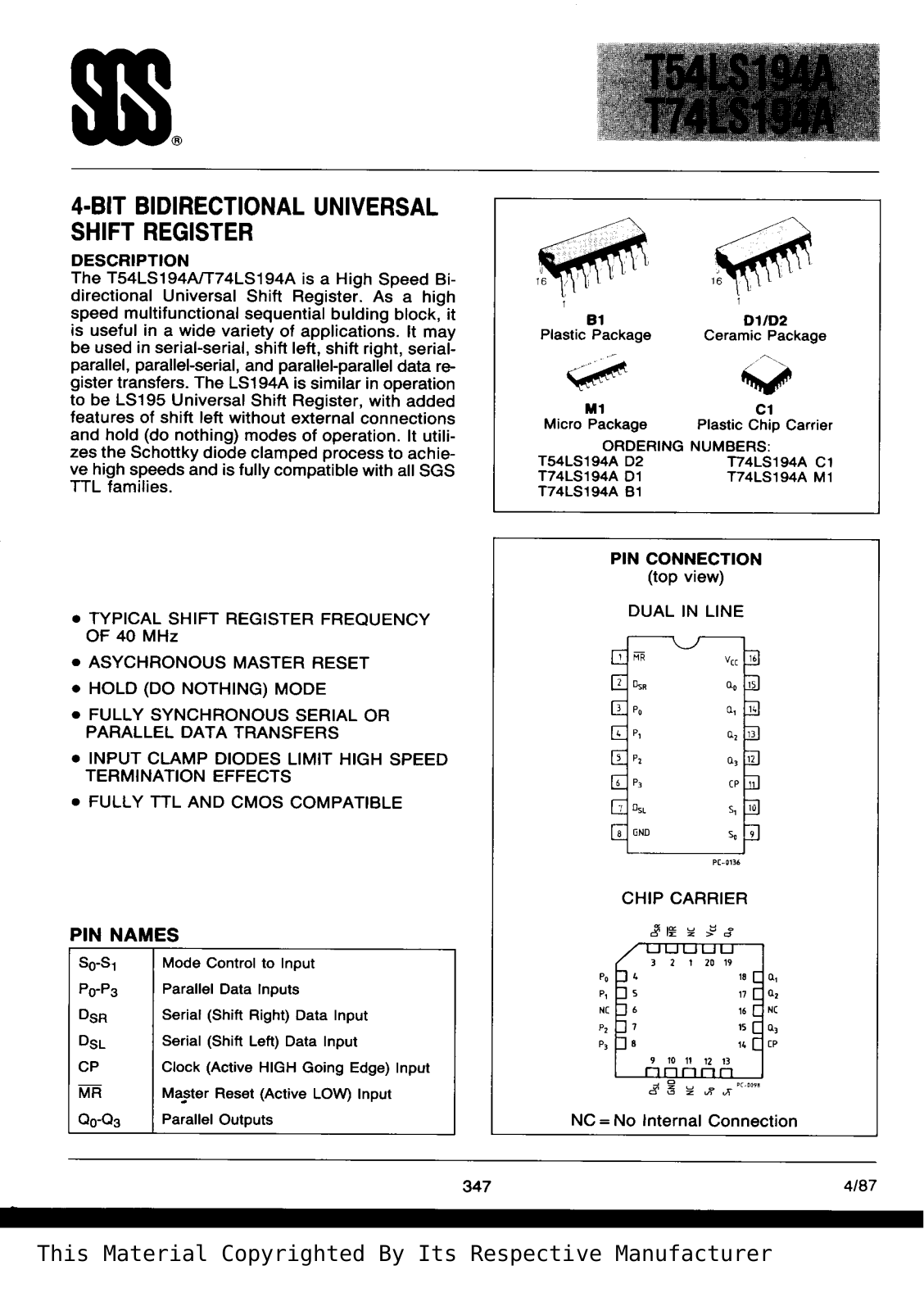 Datasheet T74LS194AB1 Specification - ManualMachine.com