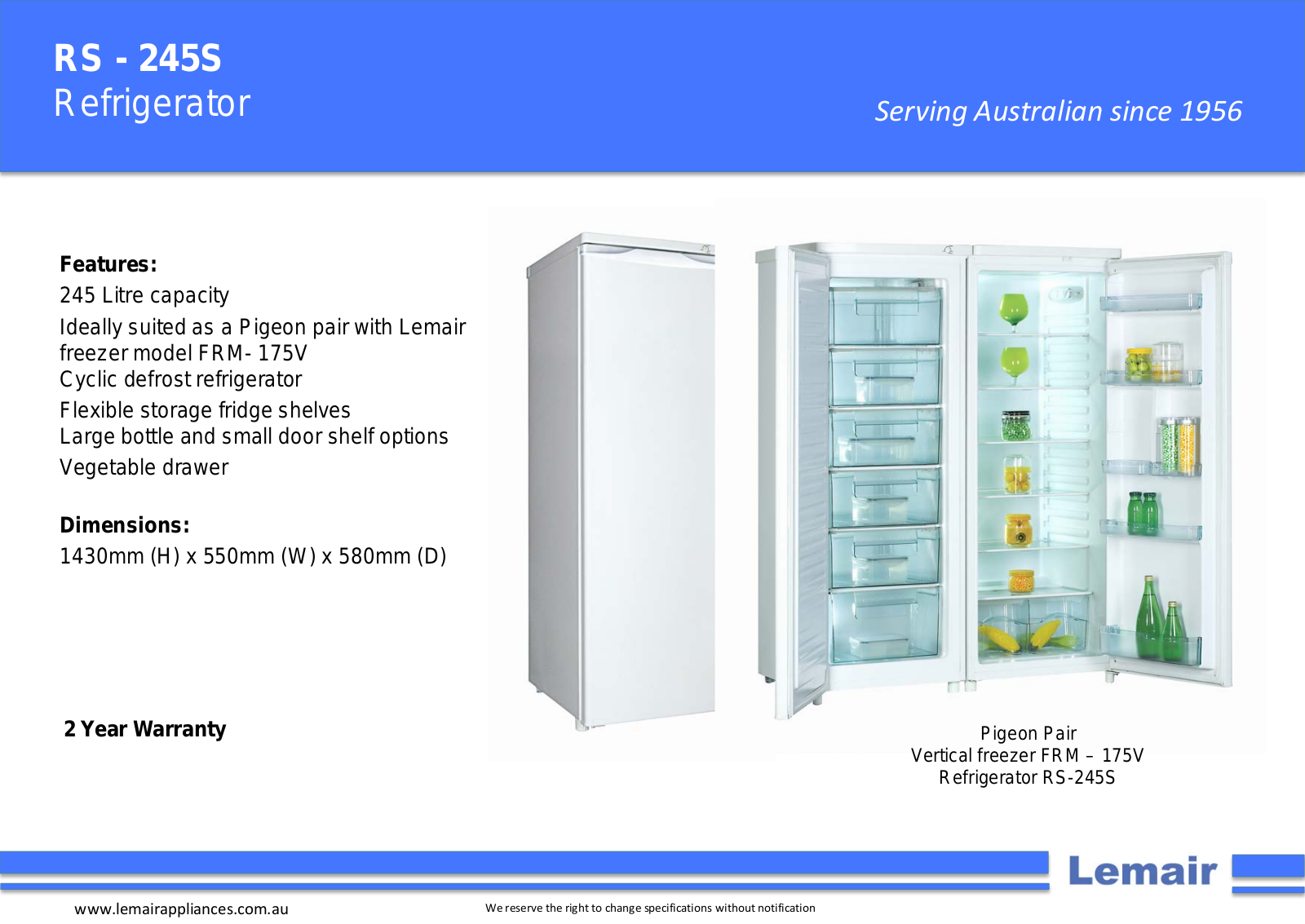 Lemair RS245SFRM175V Specifications Sheet