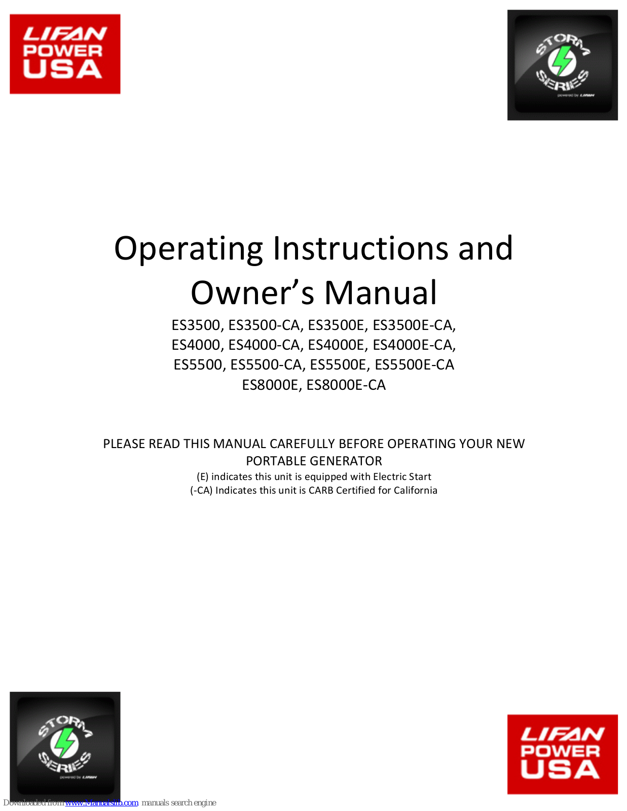 LIFAN Power USA ES3500, ES3500-CA, ES3500E, ES3500E-CA, ES4000 Operating Instructions And Owner's Manual