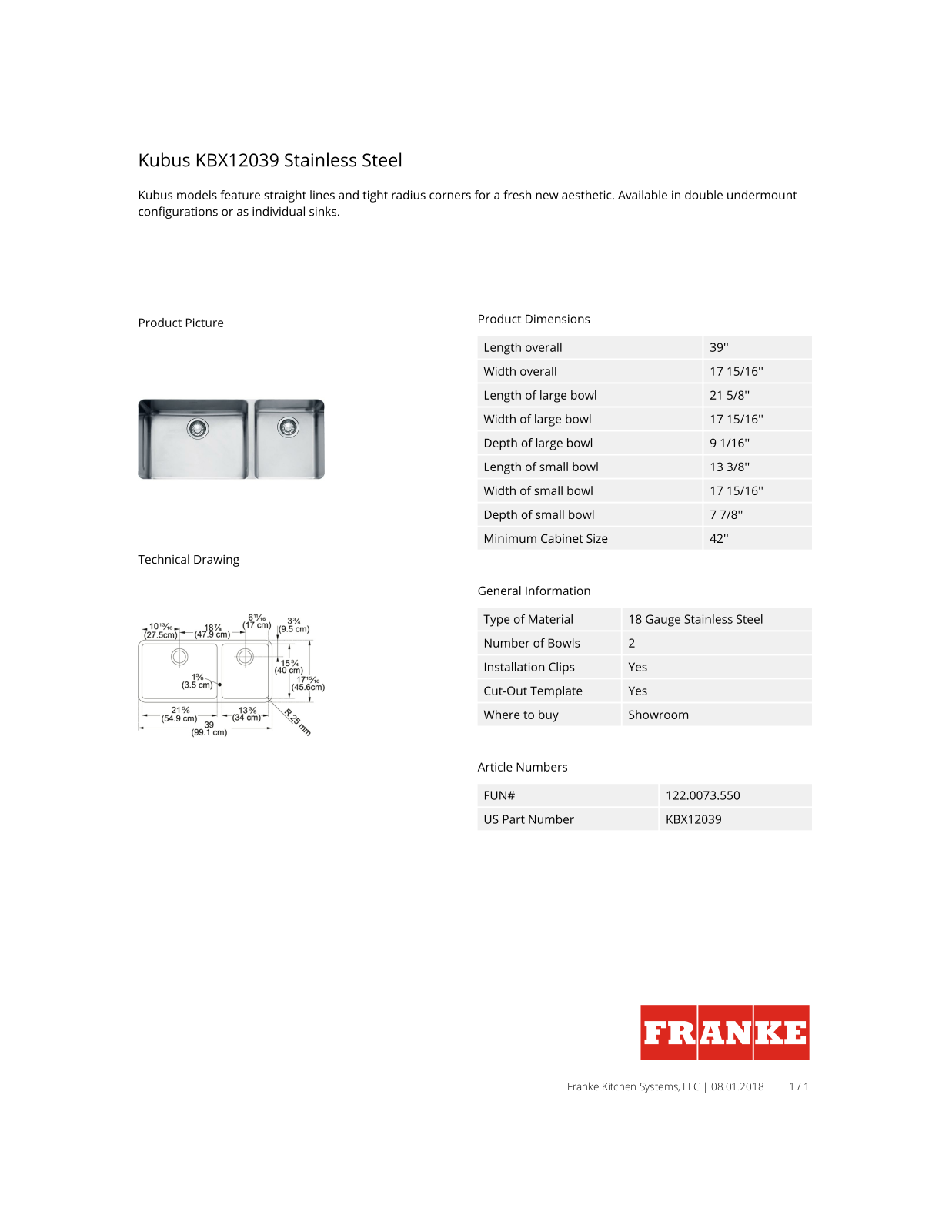 Franke KBX12039 Specs