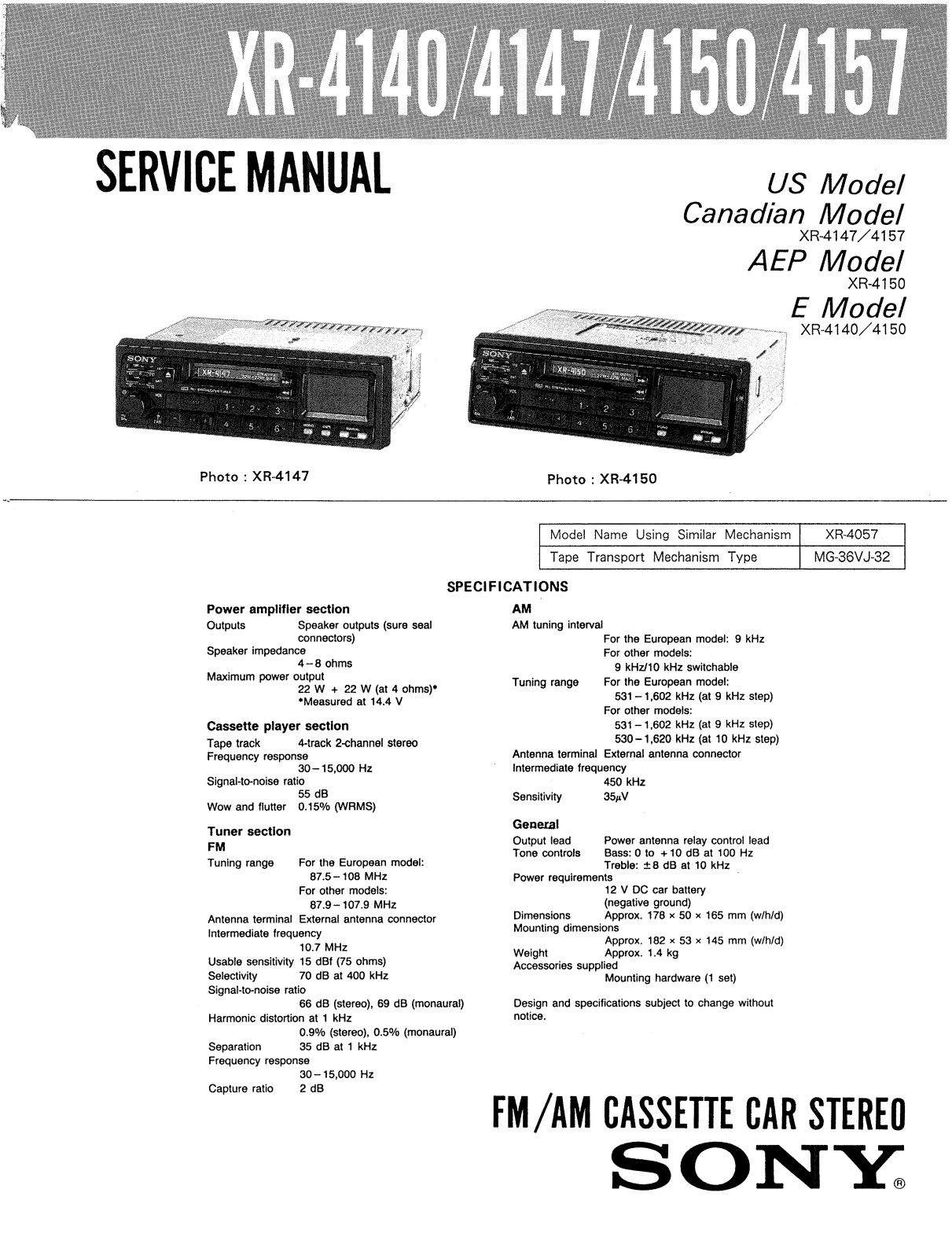 Sony XR-4140, XR-4147, XR-4150, XR-4157 Service Manual