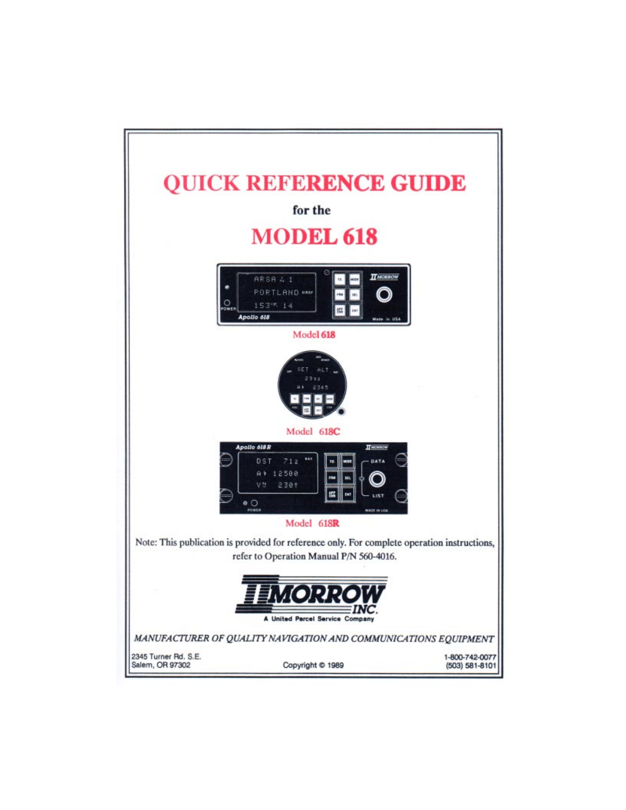 II Morrow Inc 618, 618R, 618C User Manual