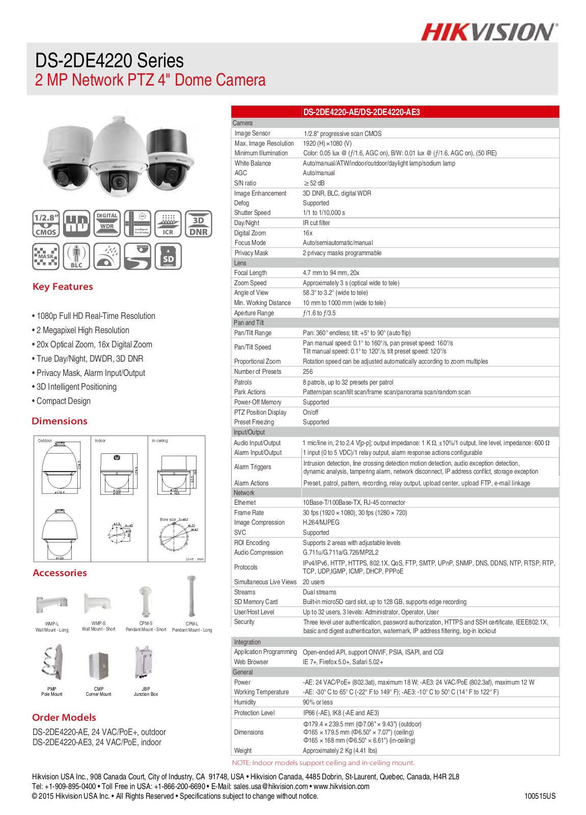 Hikvision DS-2DE4220-AE Specsheet