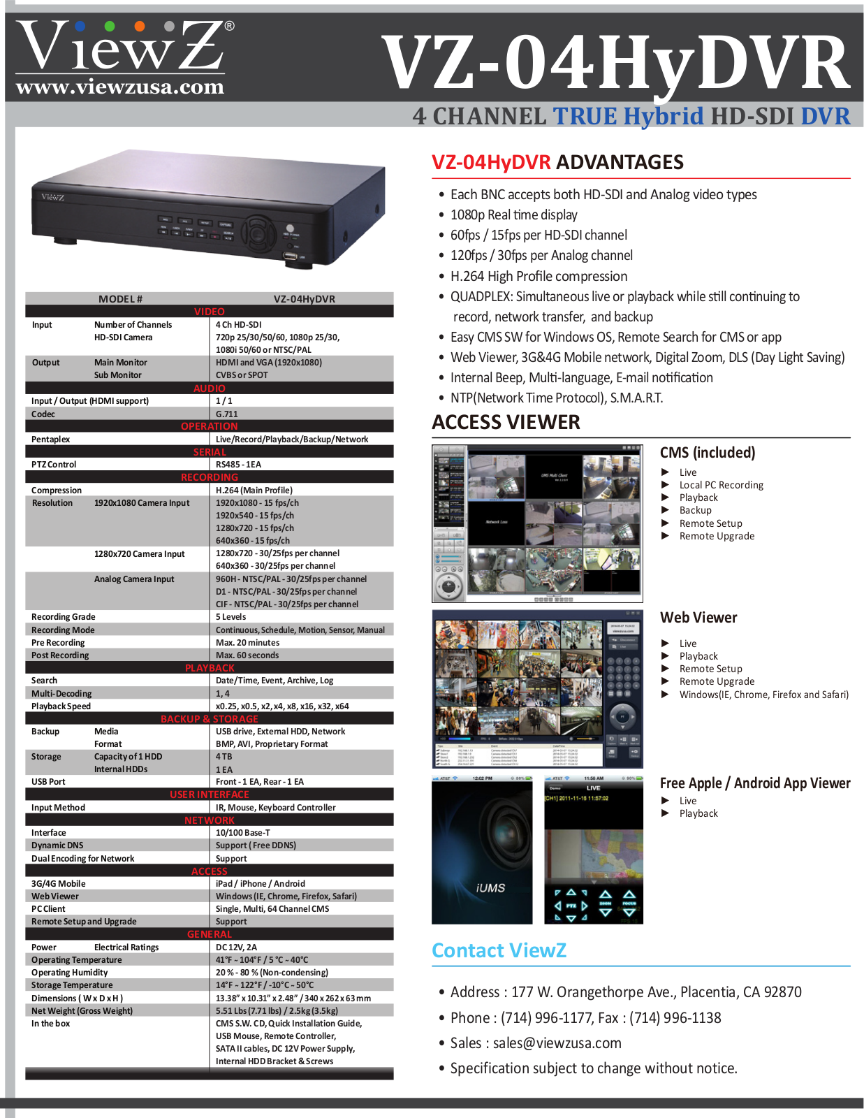 ViewZ VZ-04HyDVR-1, VZ-04HyDVR-2, VZ-04HyDVR-3, VZ-04HyDVR-4, VZ-04HyDVR-D Specsheet